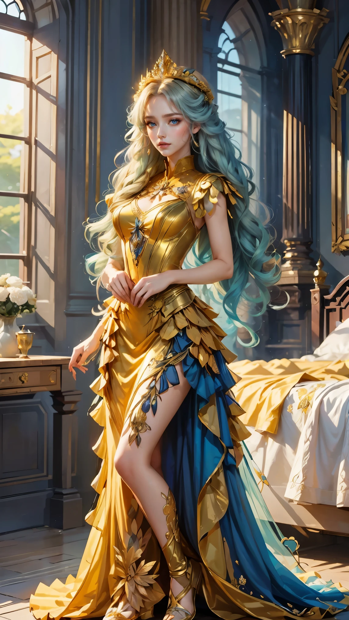 Best quality, masterpiece, ultra high res, raw photo, beautiful and aesthetic, deep shadow, fairy theme,(ultra detailed:1.3),
1girl, sexy pose, flower headdress, drill hair, long hair, blonde hair, gradient hair, yellow eyes, solo, huge breasts, big hair, blue hair, divine goddess, looking at viewer, indoors, queen bedroom, empress bed, room full of curtain, astraea, full body, golden dress, victorian dress, transparant dress 