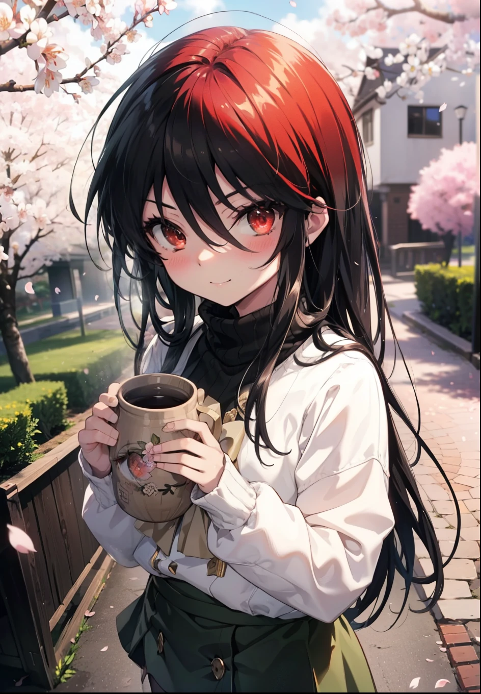 Shana,灼眼のShana,Long Hair, Redhead, (Red eyes:1.5) (Flat Chest:1.2),smile,blush,Turtleneck sweater,Pleated skirt,Black Pantyhose,Mini Boots,Cherry blossom tree-lined path,Cherry blossoms are blooming,Cherry blossoms are scattered,morning,morning陽,The sun is rising,Looking down from above,
break looking at viewer, (Cowboy Shot:1. 5)
break outdoors, garden,
break (masterpiece:1.2), highest quality, High resolution, unity 8k wallpaper, (shape:0.8), (Fine and beautiful eyes:1.6), Highly detailed face, Perfect lighting, Highly detailed CG, (Perfect hands, Perfect Anatomy),