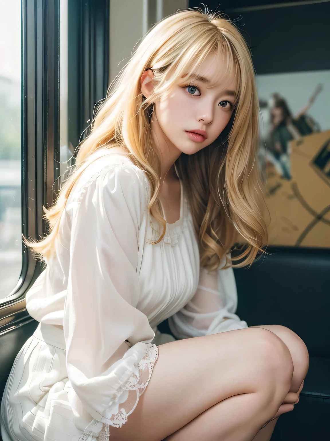 8K、Photo image masterpiece、highest quality、Super-resolution、Low angle view from the feet、Molester、Voyeur、Beautiful woman with golden, messy curly hair、((Blonde beauty))、With bangs、Impossibly cute face、And slim、Small breasts、High resolution、masterpiece、Exquisite Function 、Delicate eyes、Delicate blonde hair、8K quality、Pale light and shadow、Dindal effect、Messy, tousled blonde hair、With bangs、Random Hairstyles、((A photo from the delicate feet)、(Detailed RAW Photos of Girls)、(Tabletop:1.25)、 (Highest quality:1.6)、(超High resolution:1.5)、(Real:1.75)、8K resolution、 (RAW Photos:1.2)、(Realistic:1.4)、Beautiful detailed woman、Very narrow waist、Very detailed eyes and face、Beautiful fine details、(She is looking at the window)、Ridiculous、Large file size、Very detailed、High resolution、highest quality、masterpiece、((A light white summer blouse and a white skirt))、Very detailed、CG、Unified、8k wallpaper、wonderful、The finer detailasterpiece、highest quality、 Light on the face、sunglasses、Cinema Lighting、One 23 year old woman、((Inside a crowded train、Strong wind from the window in the car、A woman sitting directly in front of you with her legs closed、The legs are completely closed、Anxious expression、((Men on both sides、The Molester man on the right touches her thighs、The Molester man on the left is groping her breasts.))、Wearing high heels、White Stockings、garter belt、Lighting from below、The inside of the skirt is also clearly visible.、Liked images、Voyeur: T-back panties of random colors and shapes peeking out from under a skirt))、