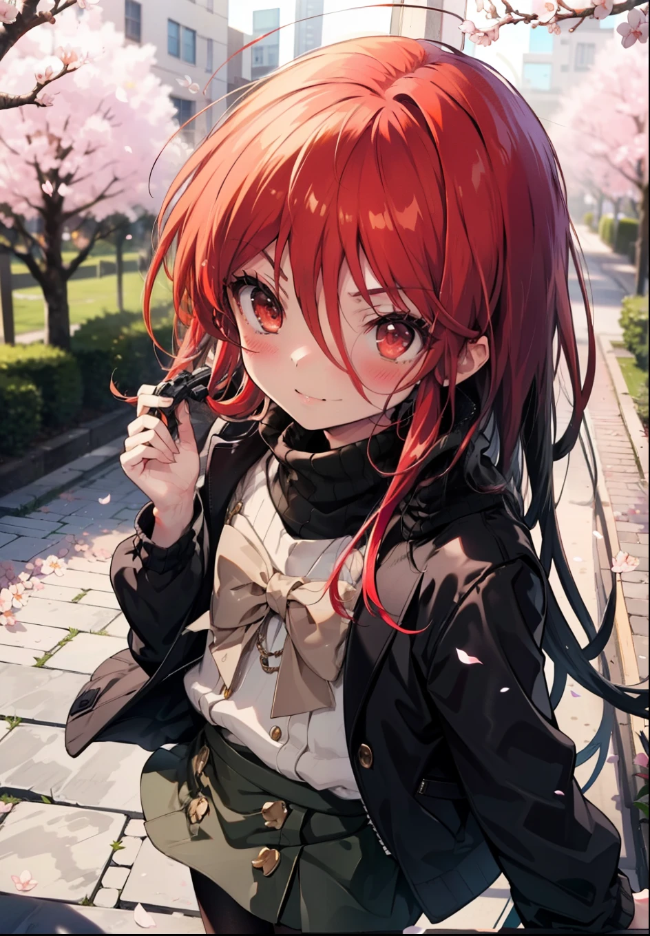 Shana,灼眼のShana,Long Hair, Redhead, (Red eyes:1.5) (Flat Chest:1.2),smile,blush,Turtleneck sweater,Pleated skirt,Black Pantyhose,Mini Boots,Cherry blossom tree-lined path,Cherry blossoms are blooming,Cherry blossoms are scattered,morning,morning陽,The sun is rising,Looking down from above,
break looking at viewer, (Cowboy Shot:1. 5)
break outdoors, garden,
break (masterpiece:1.2), highest quality, High resolution, unity 8k wallpaper, (shape:0.8), (Fine and beautiful eyes:1.6), Highly detailed face, Perfect lighting, Highly detailed CG, (Perfect hands, Perfect Anatomy),