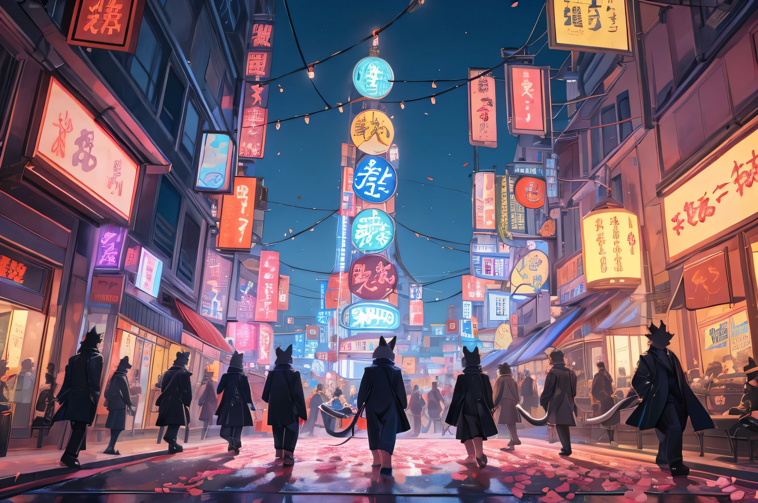 "Create an image featuring a bustling downtown Tokyo scene filled with thousands of dogs of various breeds, sizes, and colors. The background should depict a vibrant urban landscape with tall buildings, neon signs, and busy streets. Each dog should have a unique expression and pose to add liveliness and chaos to the scene. Position one distinctive cat prominently amidst the dogs, with a sly, confident expression. The cat should stand out, perhaps with a sleek black or striking calico appearance. Place the text 'Cat me if you can' in a clear, prominent position, integrated into a billboard, neon sign, or graffiti on a wall. Use a stylized font that is playful and readable. Apply vibrant colors and dynamic lighting to reflect the city's bustling atmosphere, and add whimsical touches like floating cherry blossom petals or subtle magical glows to capture the enchanting feel of Studio Ghibli.