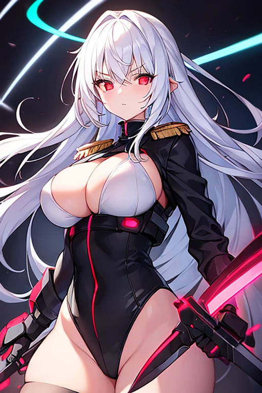 1girl, white hair, large breasts, leotard, knife, red eyes, black leotard, neon trim, neon lights, glowing eyes, epaulettes