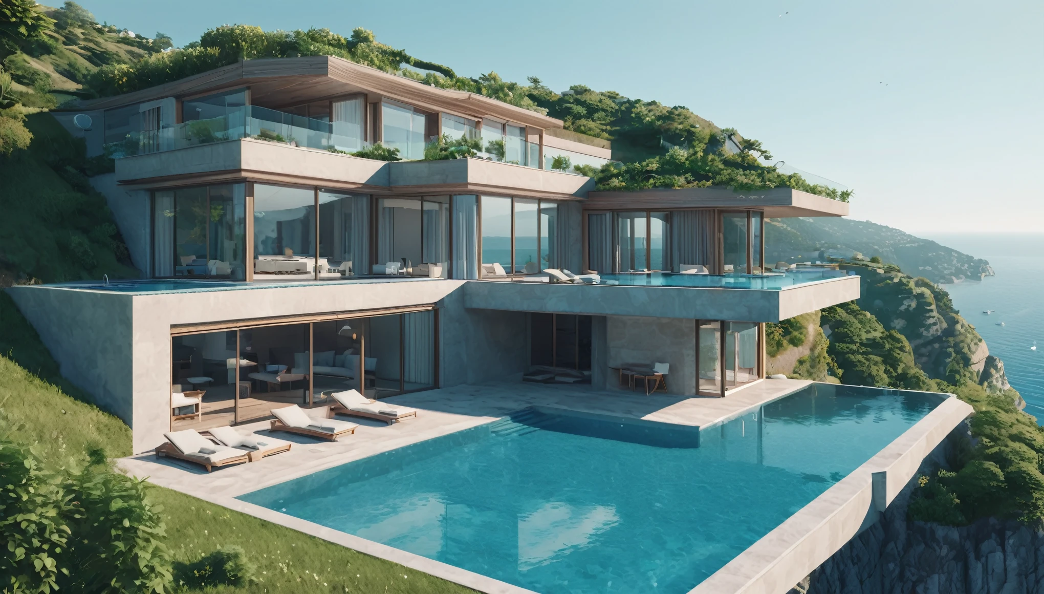 a large building with a pool in front of it, vray beautiful, turkey, dribbble, taken in the early 2020s, woodland creek, the village on the cliff, tokio aoyama, overlooking the ocean, 8k stunning artwork, rich estate, inspired by Fyodor Slavyansky, emissive