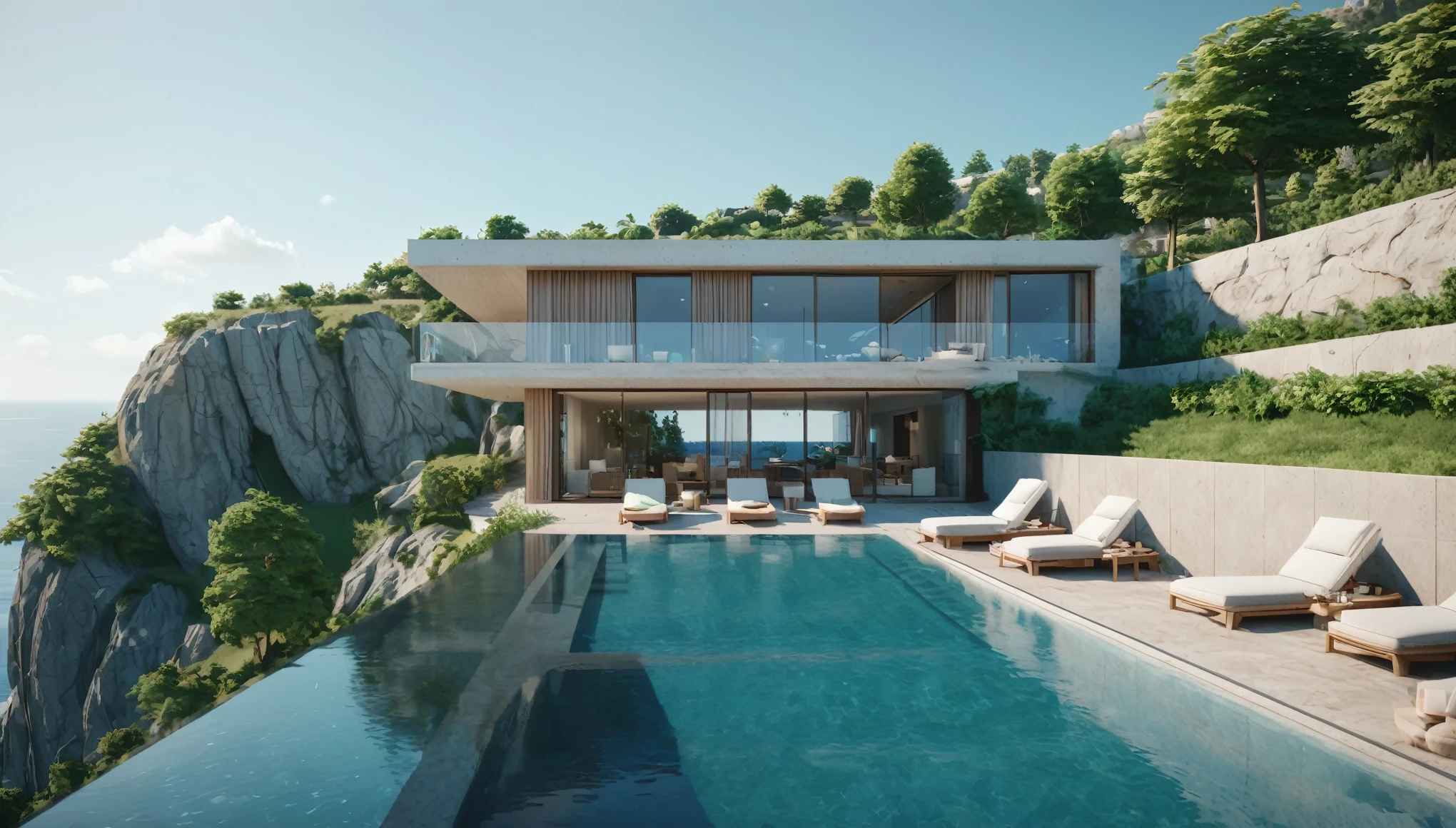 a large building with a pool in front of it, vray beautiful, turkey, dribbble, taken in the early 2020s, woodland creek, the village on the cliff, tokio aoyama, overlooking the ocean, 8k stunning artwork, rich estate, inspired by Fyodor Slavyansky, emissive