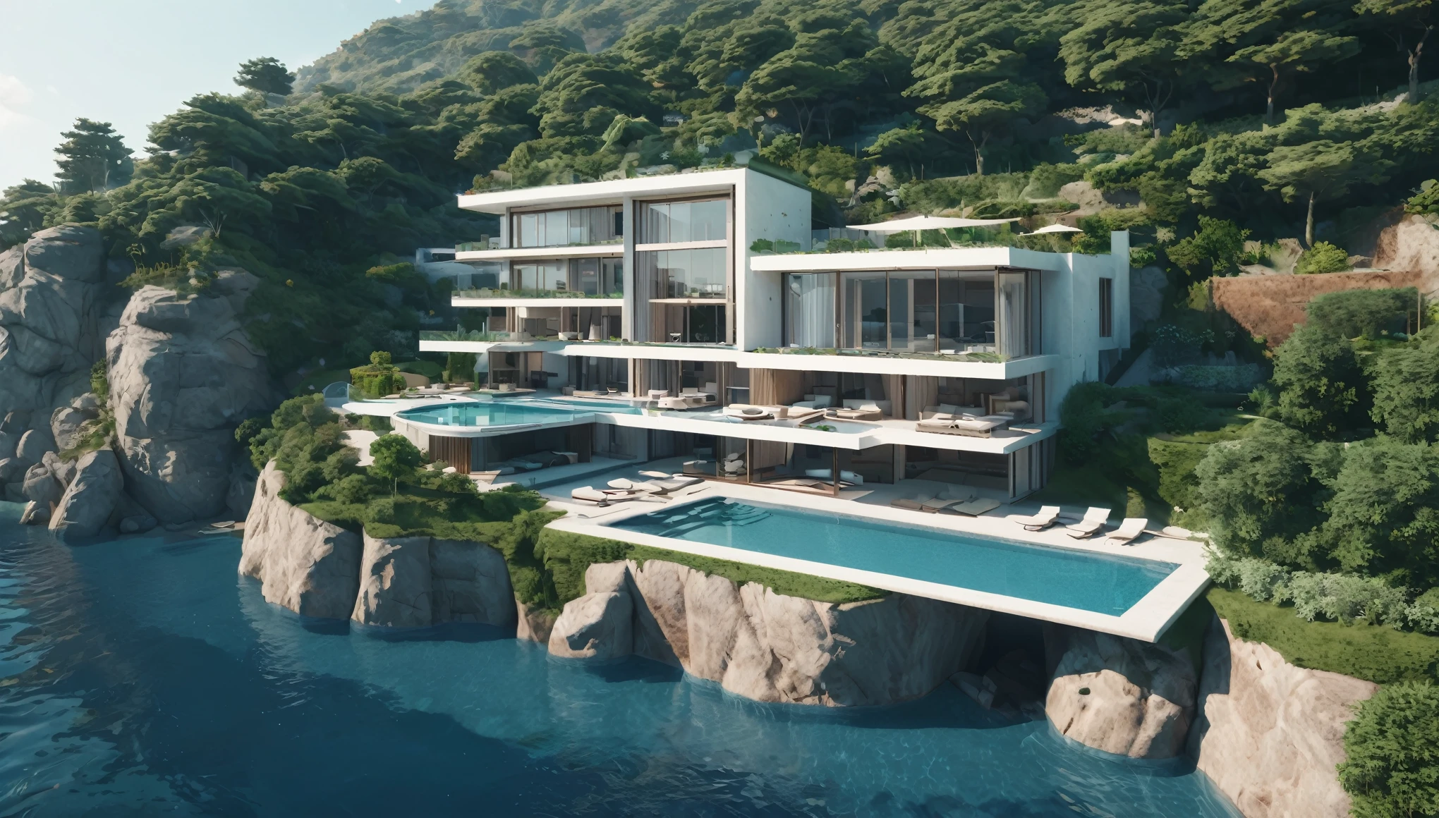 a large building with a pool in front of it, vray beautiful, turkey, dribbble, taken in the early 2020s, woodland creek, the village on the cliff, tokio aoyama, overlooking the ocean, 8k stunning artwork, rich estate, inspired by Fyodor Slavyansky, emissive