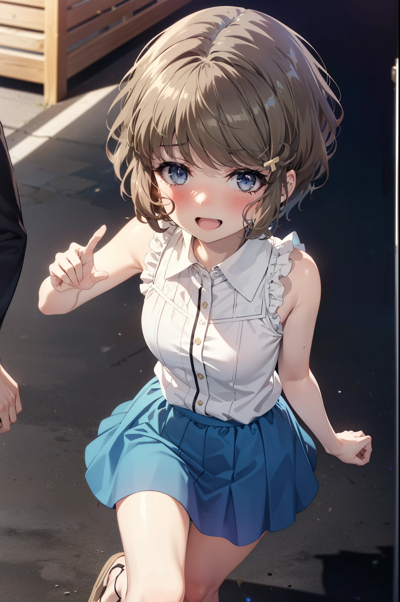 tomoekoga, Chie Koga, short hair, Brown Hair, blue eyes, Hair Clip,happy smile, smile, Open your mouth,Blue sleeveless dress,Blue long skirt,Cute Sandals,Bare arms,whole bodyがイラストに入るように,Walking,Daytime,Clear skies,
break outdoors, In town,Building district,
break looking at viewer, whole body,
break (masterpiece:1.2), highest quality, High resolution, unity 8k wallpaper, (figure:0.8), (Beautiful fine details:1.6), Highly detailed face, Perfect lighting, Highly detailed CG, (Perfect hands, Perfect Anatomy),