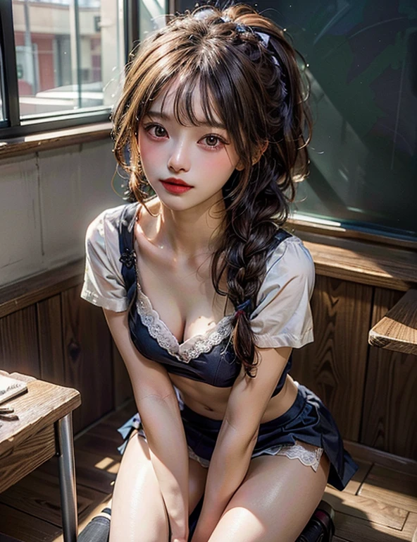 1 beautiful young girl, Pretty Face, (slim body:1.2), Practical, Extremely detailed CG unified 8k wallpaper, Very detailed, High-resolution original color photos, Professional photography, Practical portrait, light, Beautiful and detailed, (Beautiful big), (cleavage:1.2), (School uniform with wide open chest:1.5), (mini skirt:1.3), (Very small white lace panties:1.5), (Squat:1.1), Camel hoof detail, indoors, School, (best quality:1.4), Super Detail, high quality,short hair,蓬勃後short hair,braid,細braid,ponytail,Wearing maid apron