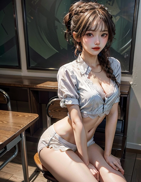 1 beautiful young girl, Pretty Face, (slim body:1.2), Practical, Extremely detailed CG unified 8k wallpaper, Very detailed, High-resolution original color photos, Professional photography, Practical portrait, light, Beautiful and detailed, (Beautiful big), (cleavage:1.2), (School uniform with wide open chest:1.5), (mini skirt:1.3), (Very small white lace panties:1.5), (Squat:1.1), Camel hoof detail, indoors, School, (best quality:1.4), Super Detail, high quality,short hair,蓬勃後short hair,braid,細braid,ponytail,Wearing maid apron