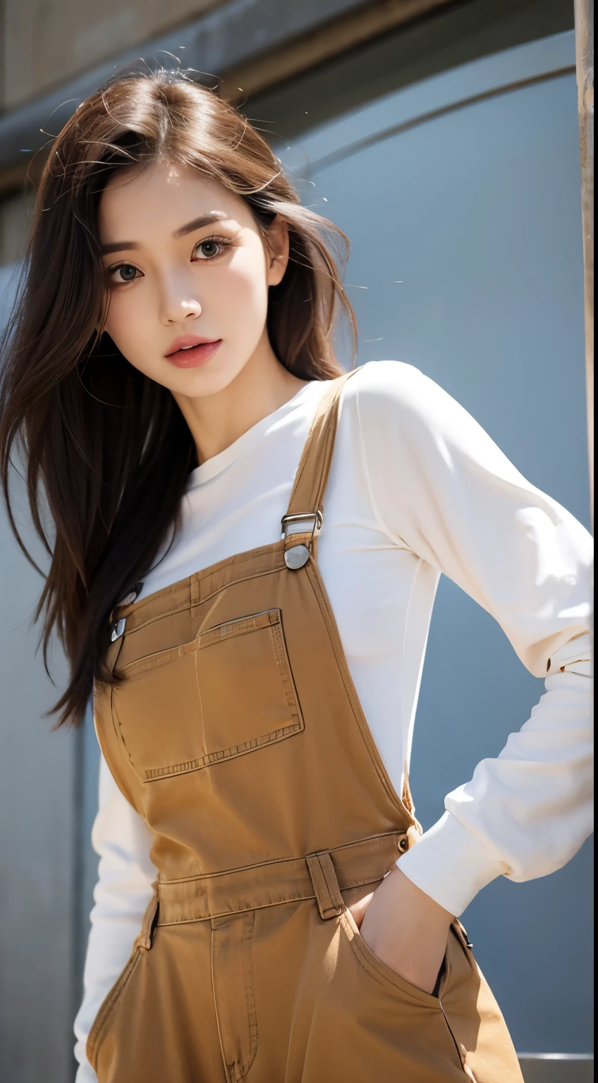 Youthful sunny girl,Wear tight-fitting long-sleeved quick-drying fabric on the upper body,Slender abs,Wear loose overalls,Powerful,Enthusiasm
