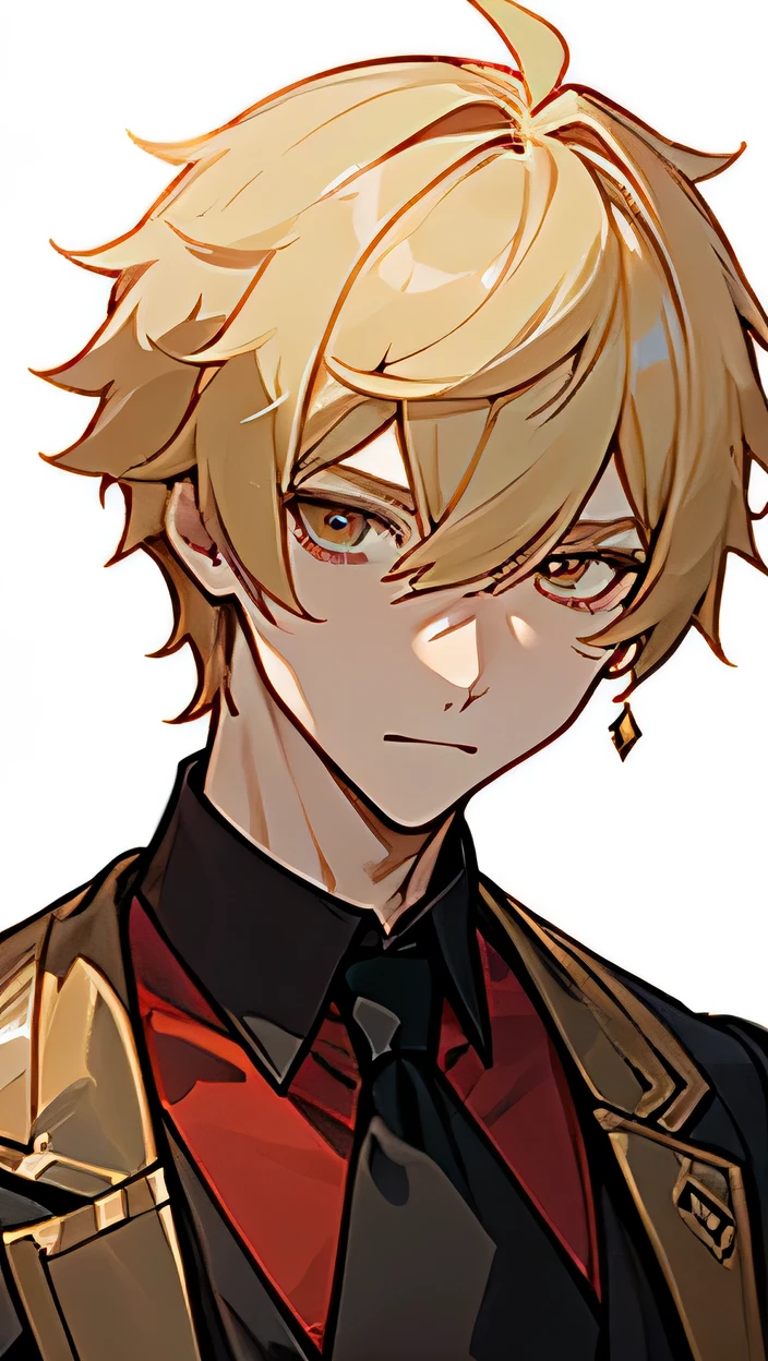 Aether from Genshin Impact. 1male. Blonde Hair. Short Hair. Golden eyes. Red vest and Black shirt. Luxurious Hall. Closeup on face.