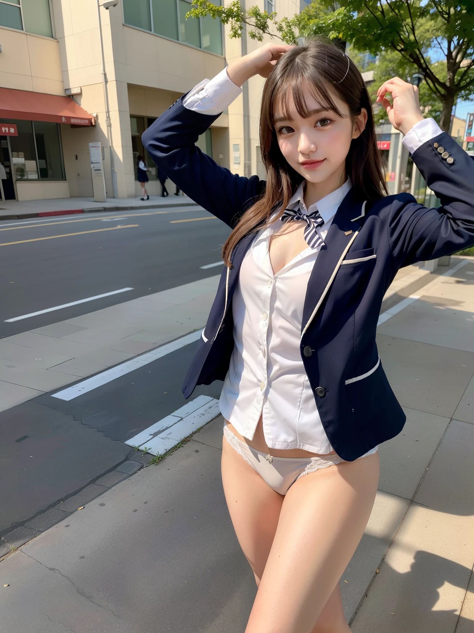 ((Best of the highest quality, 8k, Masterpiece, raw photo: 1.3)), Sharp focus: 1.2, (1 AESPA, slim body type female, 21 y/o: 1.1), (Solo: 1.2), (realistic, photo-realistic:1.37), face focus, cute face, finely eyes, side lighting, using reflectors, (small breasts, flat chest, Thigh: 1.3), (short messy hair, bangs: 1.28), (wearing blazer school uniform, panties: 1.32), (ribbon: 1.2), walking terrace dining, sun light, flower, (arms up: 1.1)