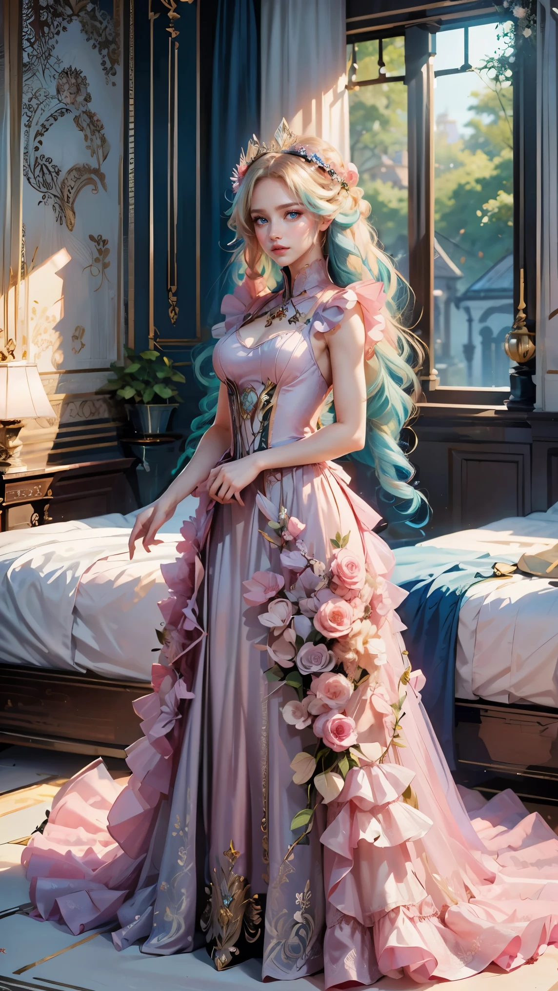 Best quality, masterpiece, ultra high res, raw photo, beautiful and aesthetic, deep shadow, fairy theme,(ultra detailed:1.3),
1girl, sexy pose, flower headdress, drill hair, long hair, blonde hair, gradient hair, yellow eyes, solo, huge breasts, big hair, blue hair, divine goddess, looking at viewer, indoors, queen bedroom, empress bed, room full of curtain, astraea, full body, pink dress, victorian maid dress, transparant dress