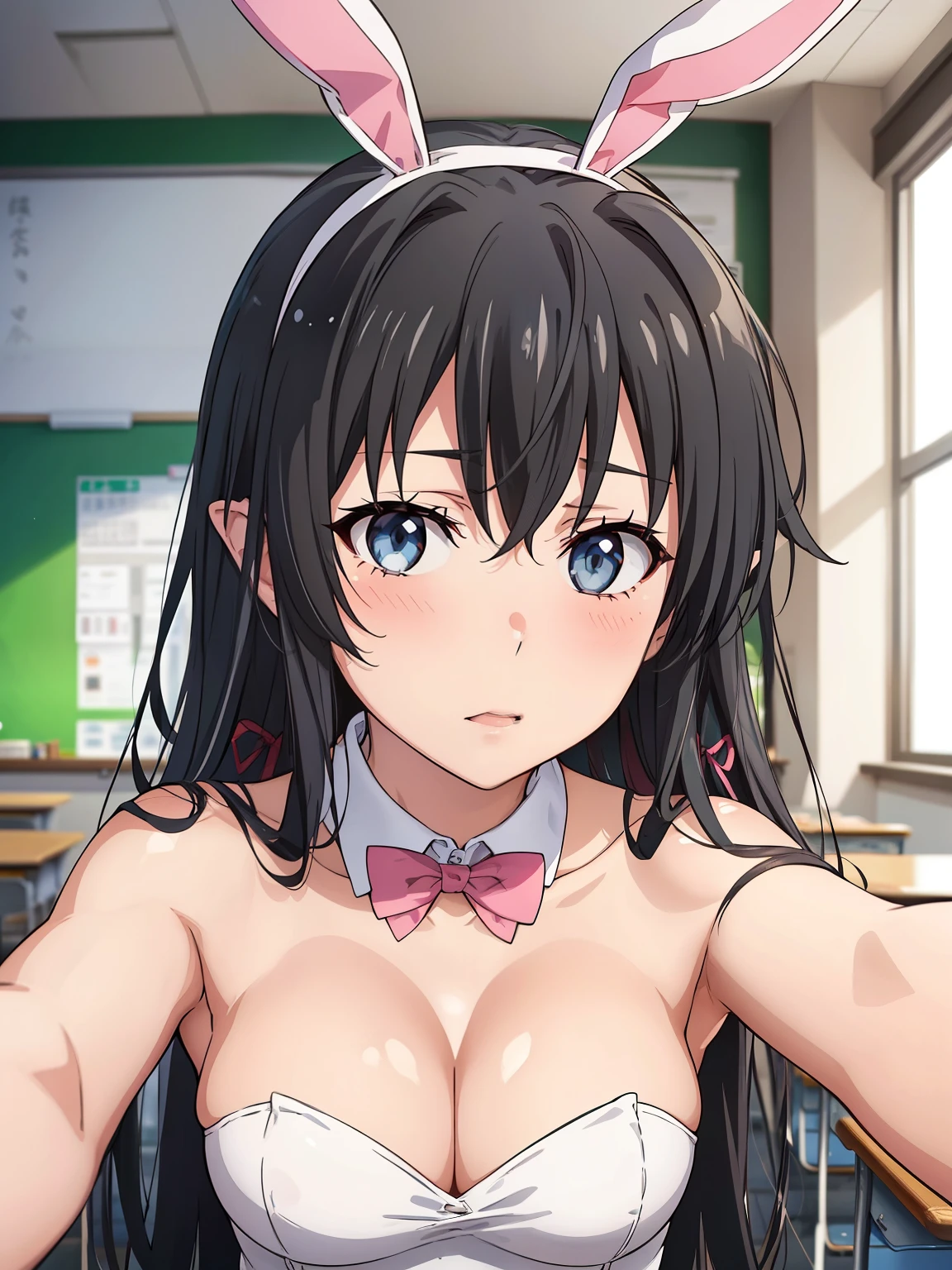 ((highest quality, High resolution,  Perfect Pixel,  4k)), (1 girl),  (Beautiful Anime Girls), 
Watching the audience, 
Perfect body, 

yukinoshita yukino、Small breasts、Detailed eyes、

(blush、Embarrassing:1.2)、

cleavage, bare shoulders, 
playboy bunny, 
white leotard, strapless leotard, pink bowtie, detached collar, 
rabbit ears, fake animal ears, white ears, 
Focus on the chest、

Selfie、

School classroom、