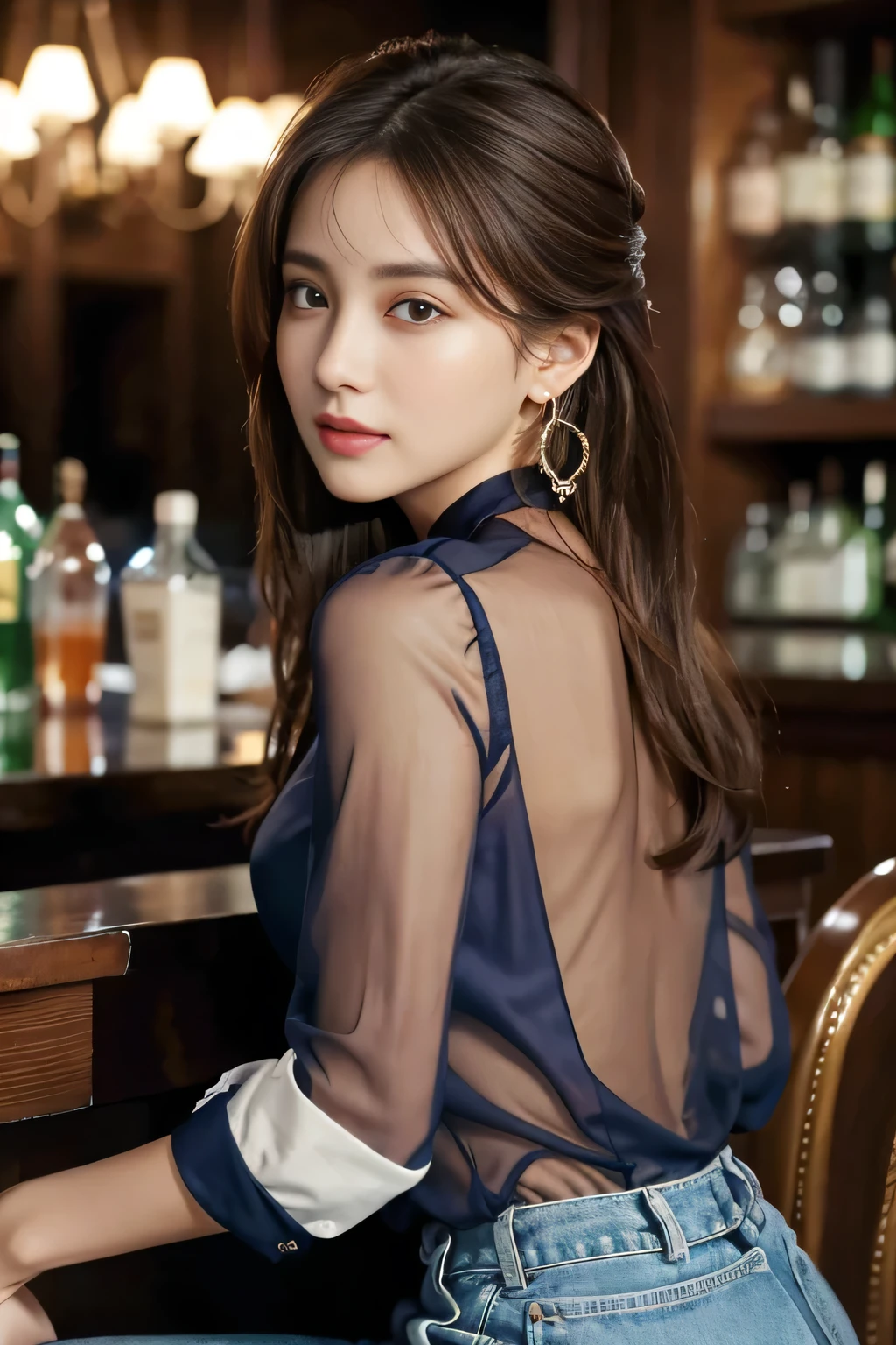 masterpiece, highest quality, Realistic, Very detailed, Finer details, High resolution, 8k wallpaper, One beautiful woman, Wear a navy blue see-through blouse, At the bar counter, At night, Light brown messy hair, Perfect dynamic composition, Beautiful and beautiful eyes、Big earrings、Sitting in a chair、Back view、