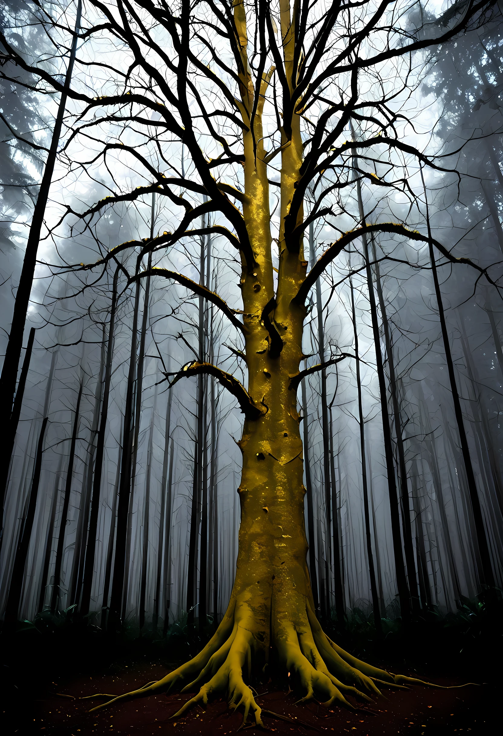 Uma bela, thick and large hollow golden-leaved white tree with a large crack at its feet, such a tree stands out in a gloomy black forest from which the trees form a canopy that makes the forest a truly dark and mysterious place emanating an air of mystery and terror.
