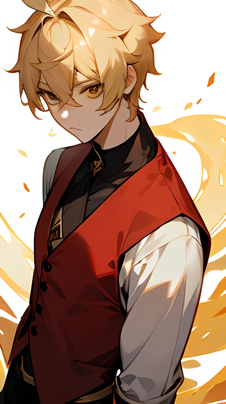 Aether from Genshin Impact. 1male. Blonde Hair. Short Hair. Golden eyes. Red vest and Black shirt. 