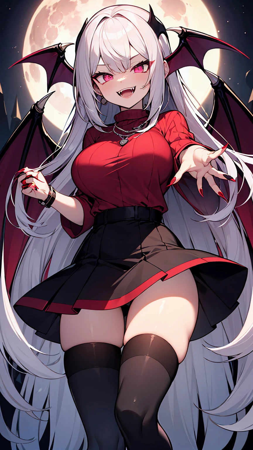  highest quality、4K、masterpiece、Silver Hair、Slanted Eyes、Pink Eyes、Pale skin、vampire、Black long sleeve knit、ruby ​​necklace、Big Breasts、Short skirt、Knee-high boots、sexy、Sharp Fangs、Insanity、Cruel、attack、darkness、Ahegao、Red nails、Bad Smile、Red full moon