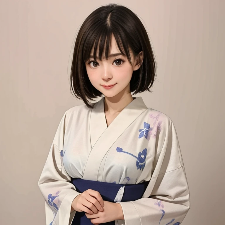 (kawaii 24 year-old Japanese girl, Nogizaka idol, Korean idol), glossy brown hair, (very short hair:1.2), beautiful black eyes, rounded face, narrow shoulders, single eyelid, (no makeup:1.2), big laughing, (yukata, Japanese traditional clothes), extra small breasts, BREAK, (simple white background:1.2), (view from forward, bust shot, id photo:1.2), BREAK, (masterpiece, best quality, photo realistic, official art:1.4), (UHD, 8K quality wallpaper, high resolution, raw photo, golden ratio:1.3), (shiny skin), professional lighting, physically based rendering, award winning, (highly detailed skin texture, extremely detailed face and eyes textures), Carl Zeiss 85 mm F/1.4, depth of field, (1girl, solo),