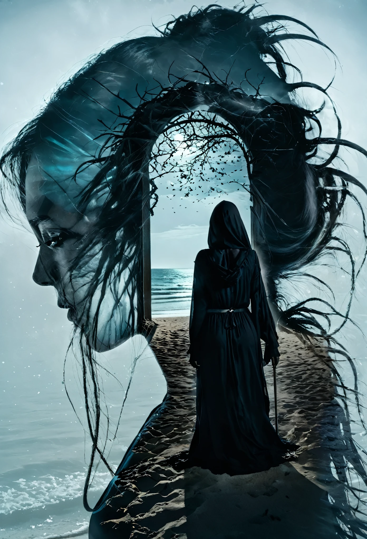 (double exposure of black grim reaper and beautiful woman), [close-up of black grim reaper's face in the distance above: beautiful woman standing on the beach, wearing a beautiful dress : 0.25],