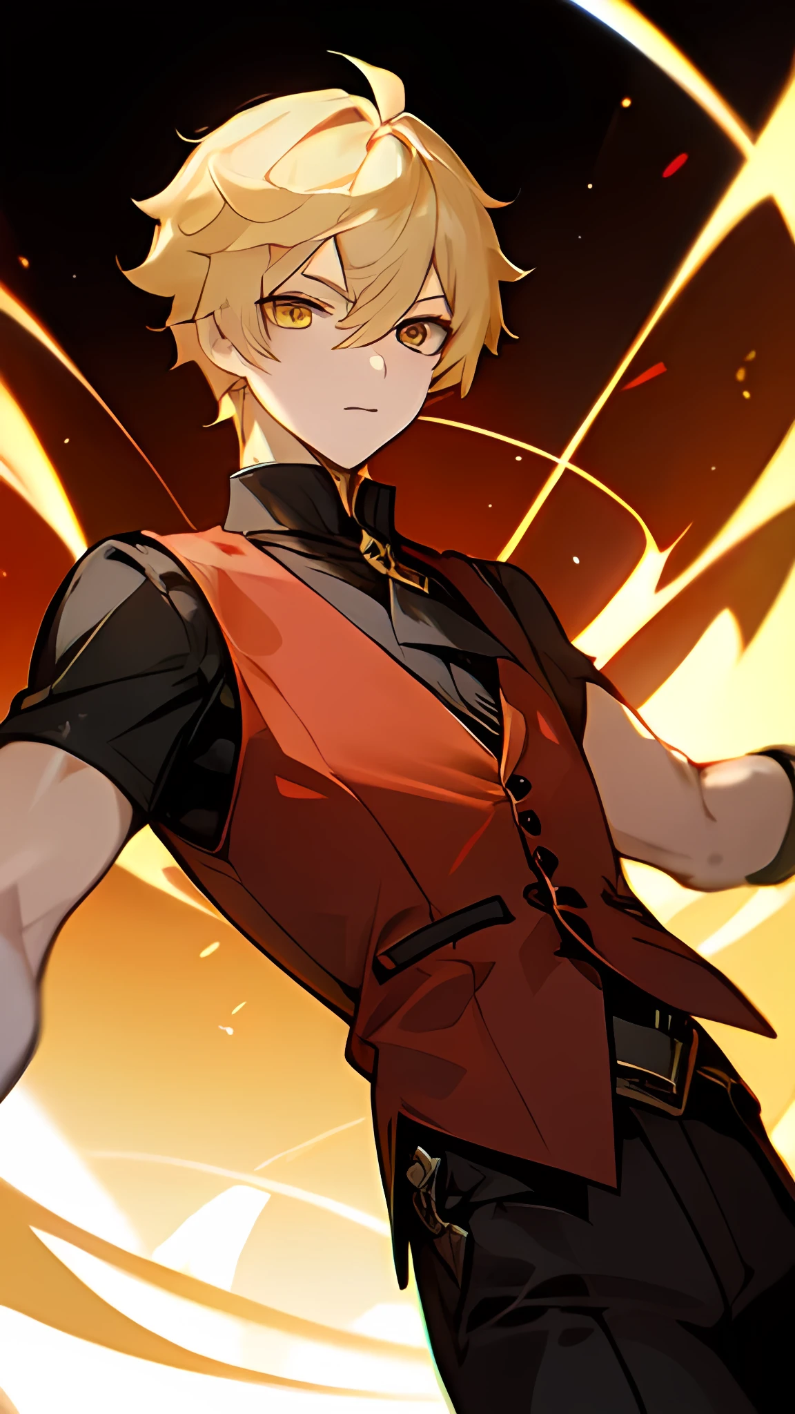 Aether from Genshin Impact. 1male. Blonde Hair. Short Hair. Golden eyes. Red vest and Black shirt.