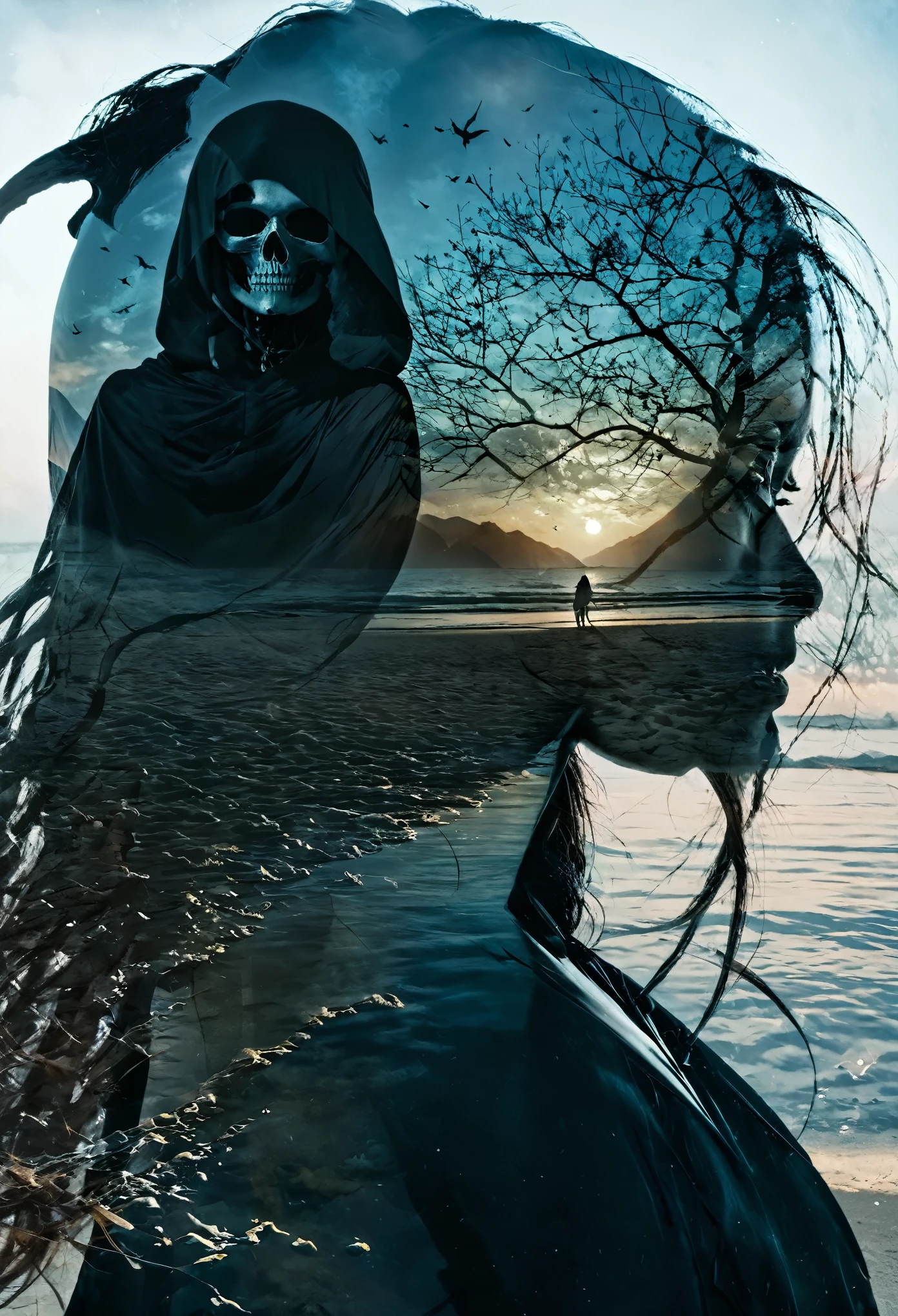 (double exposure of black grim reaper and beautiful woman), [close-up of black grim reaper's face in the distance above: beautiful woman standing on the beach, wearing a beautiful dress : 0.25],