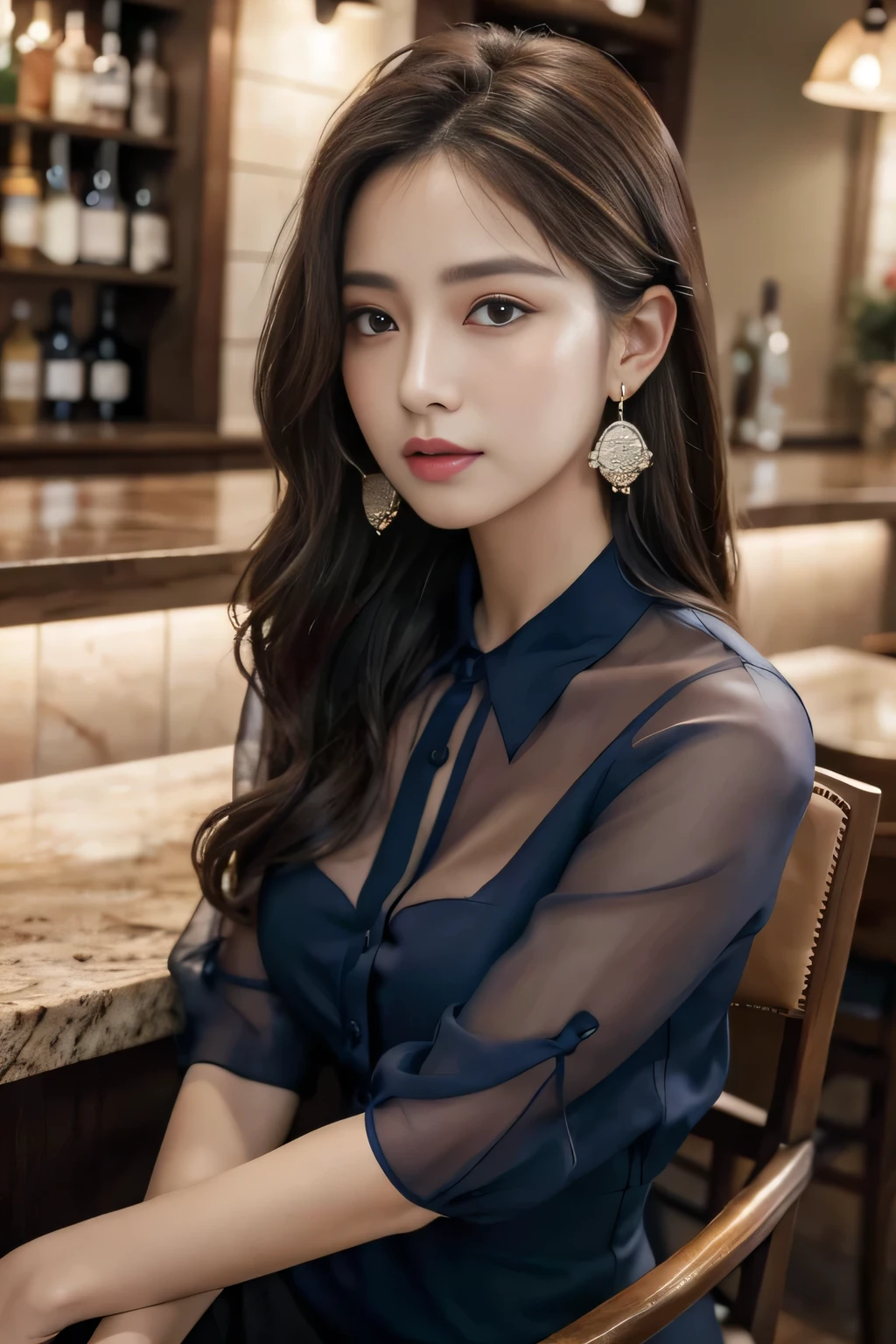 masterpiece, highest quality, Realistic, Very detailed, Finer details, High resolution, 8k wallpaper, One beautiful woman, Wear a navy blue see-through blouse, A great bar counter, At night, Light brown messy hair, Perfect dynamic composition, Beautiful and beautiful eyes、Big earrings、Sitting in a chair、