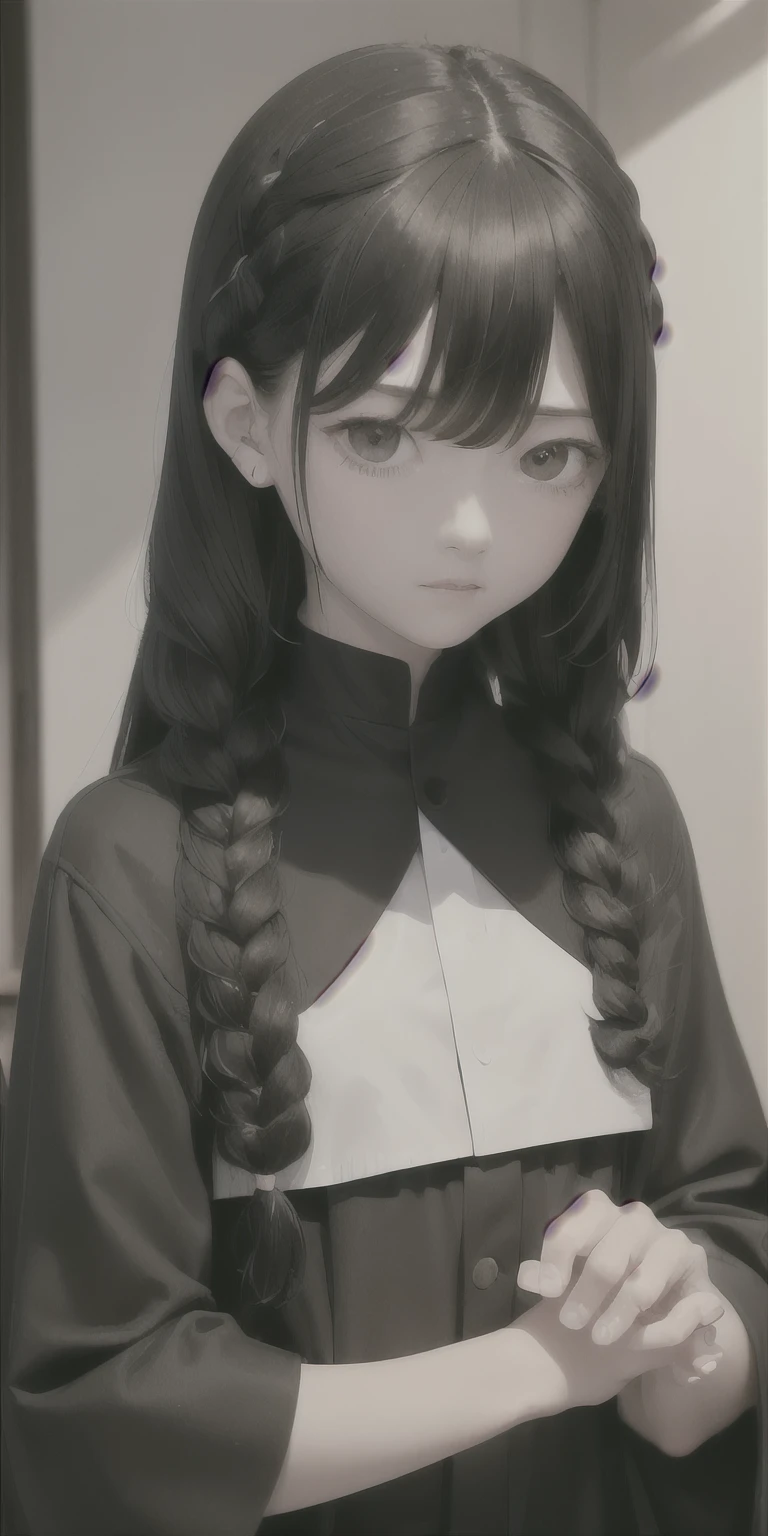 Best quality, Masterpiece,Black hair, Brown eyes,black clothes, seek, Upper body,Strand of hair,Fair complexion,Side braids