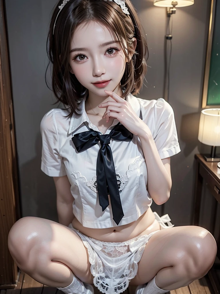 (best quality、8K、32k、masterpiece、Hum:1.2)、Cute Japanese women photos、Breasts look soft、No、plump breasts、Face focus、White T-shirt、looking at the audience、((I smiled))、1 beautiful young girl, Pretty Face, (slim body:1.2), Practical, Extremely detailed CG unified 8k wallpaper, Very detailed, High-resolution original color photos, Professional photography, Practical portrait, light, Beautiful and detailed, (Beautiful big), (School uniform with wide open chest:1.5), (mini skirt:1.3), (Very small white lace panties:1.5), (Squat:1.1), Camel hoof detail, indoors, School, (best quality:1.4), Super Detail, high quality,short hair,蓬勃後short hair,braid,細braid,ponytail,Wearing maid apron