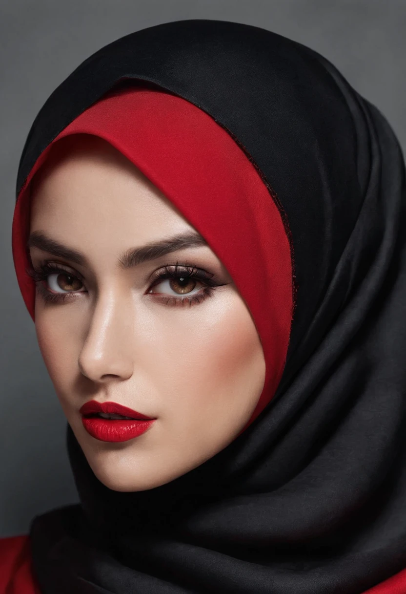 beautiful woman,black and red hijab style,super big cheast ,detail nipple,seductive pose,