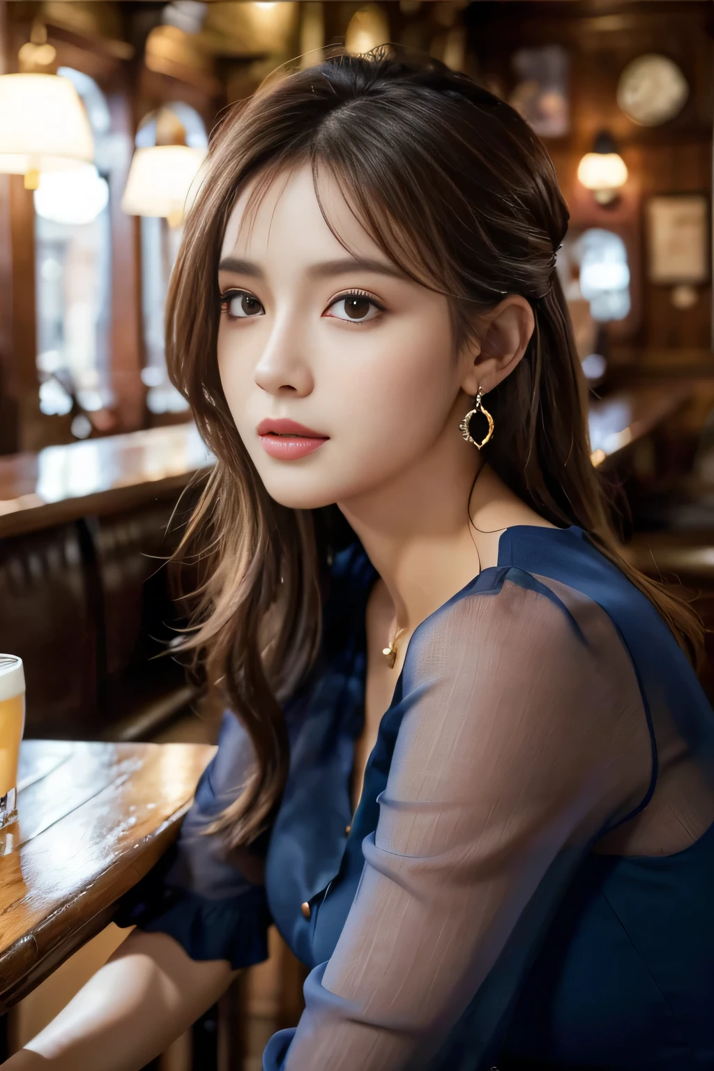 masterpiece, highest quality, Realistic, Very detailed, Finer details, High resolution, 8k wallpaper, One beautiful woman, Wear a navy blue see-through blouse, In a great pub, At night, Light brown messy hair, Perfect dynamic composition, Beautiful and beautiful eyes、Big earrings、Sitting in a chair、