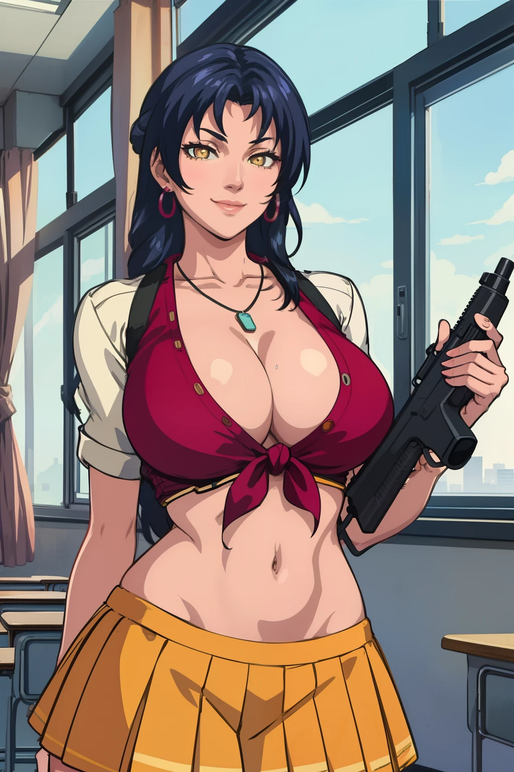 , digital art,
KozonoNami, 1girl,  solo, standing, 
 smirk, 
yellow eyes, long hair, black hair,  zettai ryouiki, 
curvy, large breasts,  masterpiece, best quality, ((unbuttoned , cleavage, necklace, earrings, sexy body,knot,
breasts)) , micro skirt, smiling, navel , exposed belly, exposed navel,(nsfw) not safe for work,school,
classroom , holding a gun, hold a gun