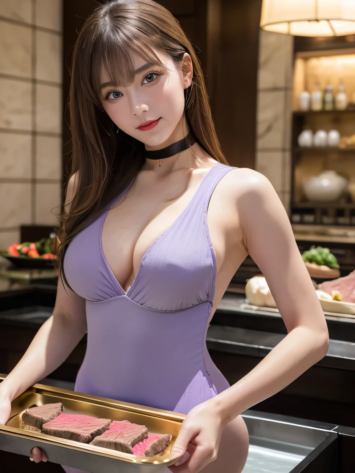 (highest quality, masterpiece:1.3, 超A high resolution), (Very detailed, Caustics), (Realistic:1.4,RAW shooting,)Ultra-Realistic Capture,Very detailed,High resolution 16k, Human skin close-up, The skin texture is natural, It must be detailed enough to be easily identifiable.。 Skin should look healthy and have an even tone。 Use natural light and color, ((Lavender colored leotard:1.4)), ((the body is slim)), girl, Japanese, 18-year-old, cute, Long Hair, Big Breasts, smile, Turn your body forward, (View from the front:1.1), Looking into the camera,vision, focused on the chest, Light brown hair, ((Black choker)), very long, bushy eyelashes, blue eyes, bangs、Luxury Hotel Lounge, Marble wall, sofa, ((Beef on a tray, luxurious counter, over the counter:1.4)), Big Breasts, Red lips, The background is marble wall