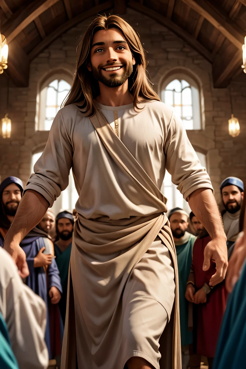 Jesus smiling at his disciples, insinuating that he was going to perform a miracle