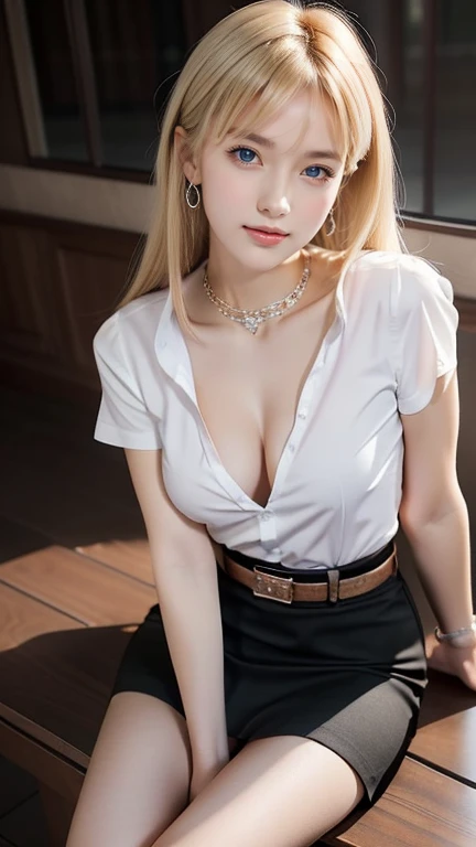 (8K High Definition Masterpiece Only the best quality. complicated details Chromatic aberration) realistically ((small breasts)) Hair in one eye, purple eyes, round hoop earrings, sharp eyes, diamond choker ( symmetrical eyes) (perfectly symmetrical body;) The photos of the 21-year-old age girl are very beautiful.(Fittings) Beautiful and charming with contemporary fashion paintings as well.....Looking at the viewer, photographed from above from above the knees. ((In the background of a large classroom)), (black short skirt) , ((The young woman wore a white short-sleeved shirt with a wide open neck and a deep cleavage, exposing her chest. Unbuttoning the shirt, the shirt opened, revealing her separate breasts.)) ( ( Black short pencil skirt Deep cut on the side,Sitting with legs open)) Square head leather belt ((Put your hands down.)) Blonde bob, long hair, bangs to the side. copper blonde hair Sharp eyeliner, eye shadow, smile, blush, thick eyelashes, very delicate and beautiful. Round chin, sharp focus. Sit with V-shaped legs wide open, one leg higher than the other, spread apart... dynamic poses