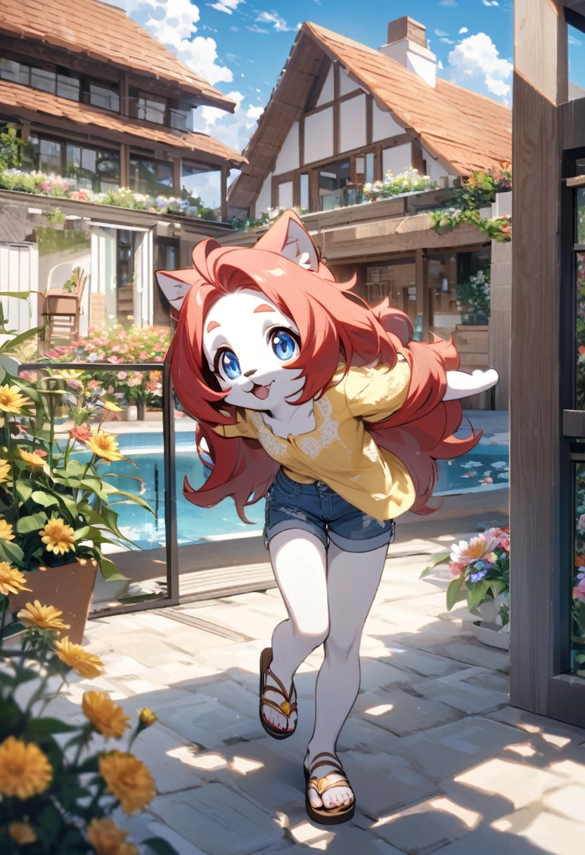 Furry hair all over her body red hair blue eyes in a yellow and white blouse, denim shorts and short coton with opening on the sides of sandals Anabela open in the background of a house full of flowers on a sunny day with a fenced area and a swimming pool around