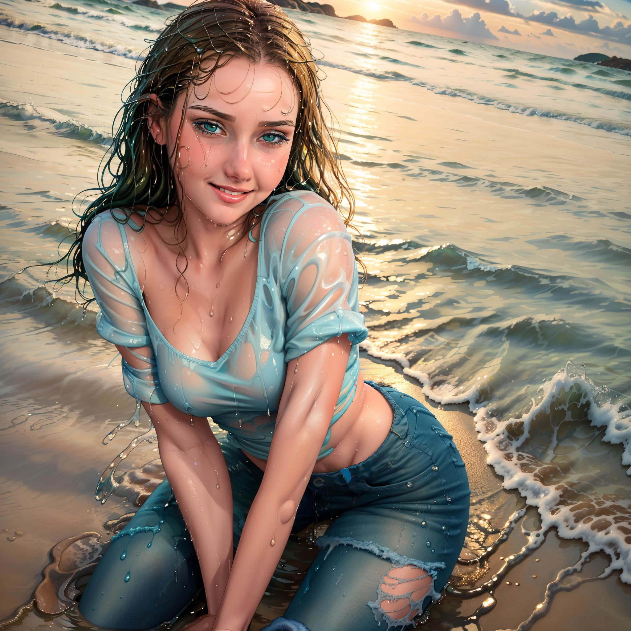 masterpiece, best quality, absurdres, perfect anatomy, 1girl, solo, all fours, in shallow water, beach foreshore behind, horizon, long sleeved shirt, jeans, round face, dark skinned young woman, closeup fantasy with water magic,((shallow water)), ((wet sand)), beautiful maiden, realistic oil painting, dripping wet, woman soaked by waves, beautiful realistic painting, nymph in the water, hyperrealist portrait in ocean, hyperrealistic fantasy photo, realistic fantasy painting, cute shot, narrow depth of field, portrait, early morning, 8k, drenched, ((soaked)), dripping water, dripping oil, heavy clothes, soaked in oil, wet all over, short dark hair, wet dripping hair, pov shot, posing, soft twilight, ((looking at viewer)), smile, liz.ashley