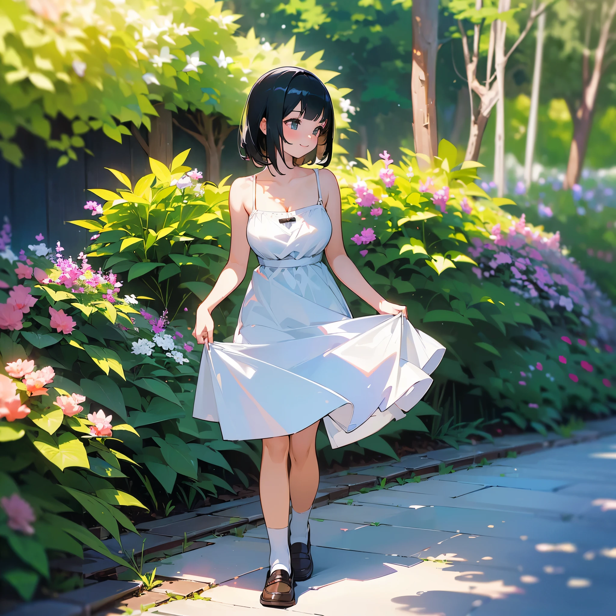(high quality, High resolution, Very detailed, reality:1.37), Peaceful atmosphere, (Outdoor, garden), age girl standing alone, (my breasts are big.), Beautiful details, Cute Smile, (Black bob hair), White camisole dress, White socks, loafers.