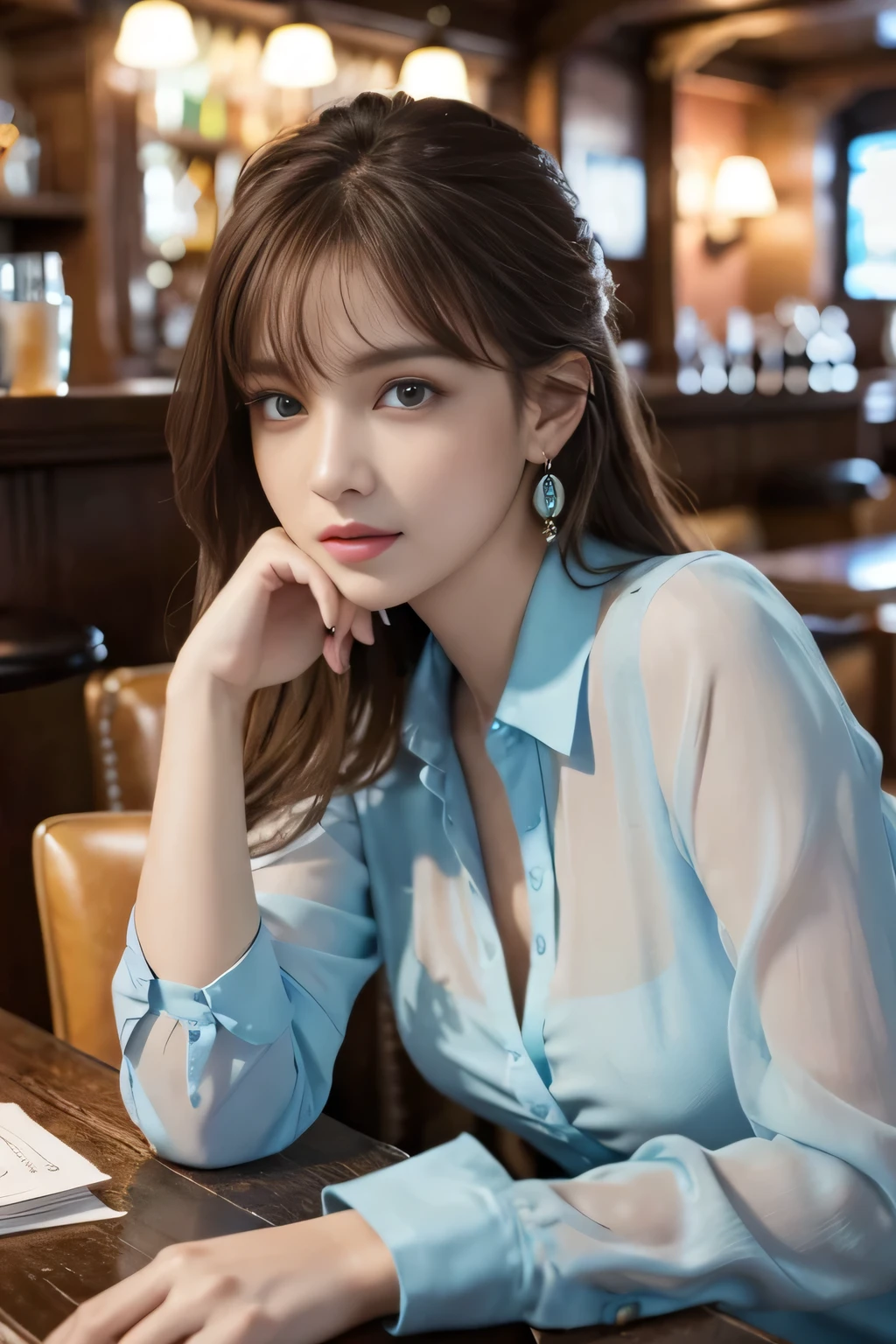 masterpiece, highest quality, Realistic, Very detailed, Finer details, High resolution, 8k wallpaper, One beautiful woman, Wear a light blue see-through blouse, In a great pub, At night, Light brown messy hair, Perfect dynamic composition, Beautiful and beautiful eyes、Big earrings、Sitting in a chair、