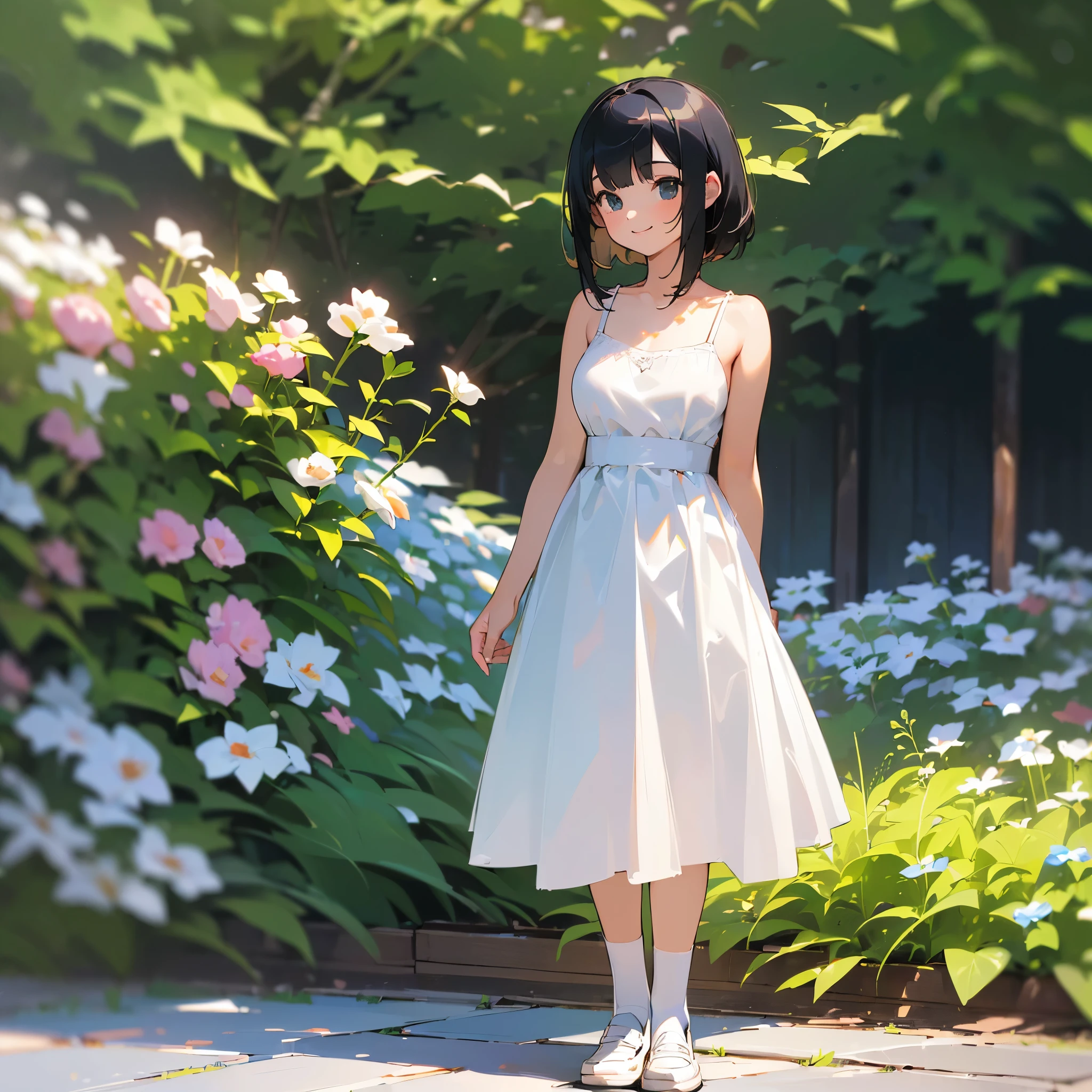 (high quality, High resolution, Very detailed, reality:1.37), Peaceful atmosphere, (Outdoor, garden), age girl standing alone, (my breasts are big.), Beautiful details, Cute Smile, (Black bob hair), White camisole dress, White socks, loafers.