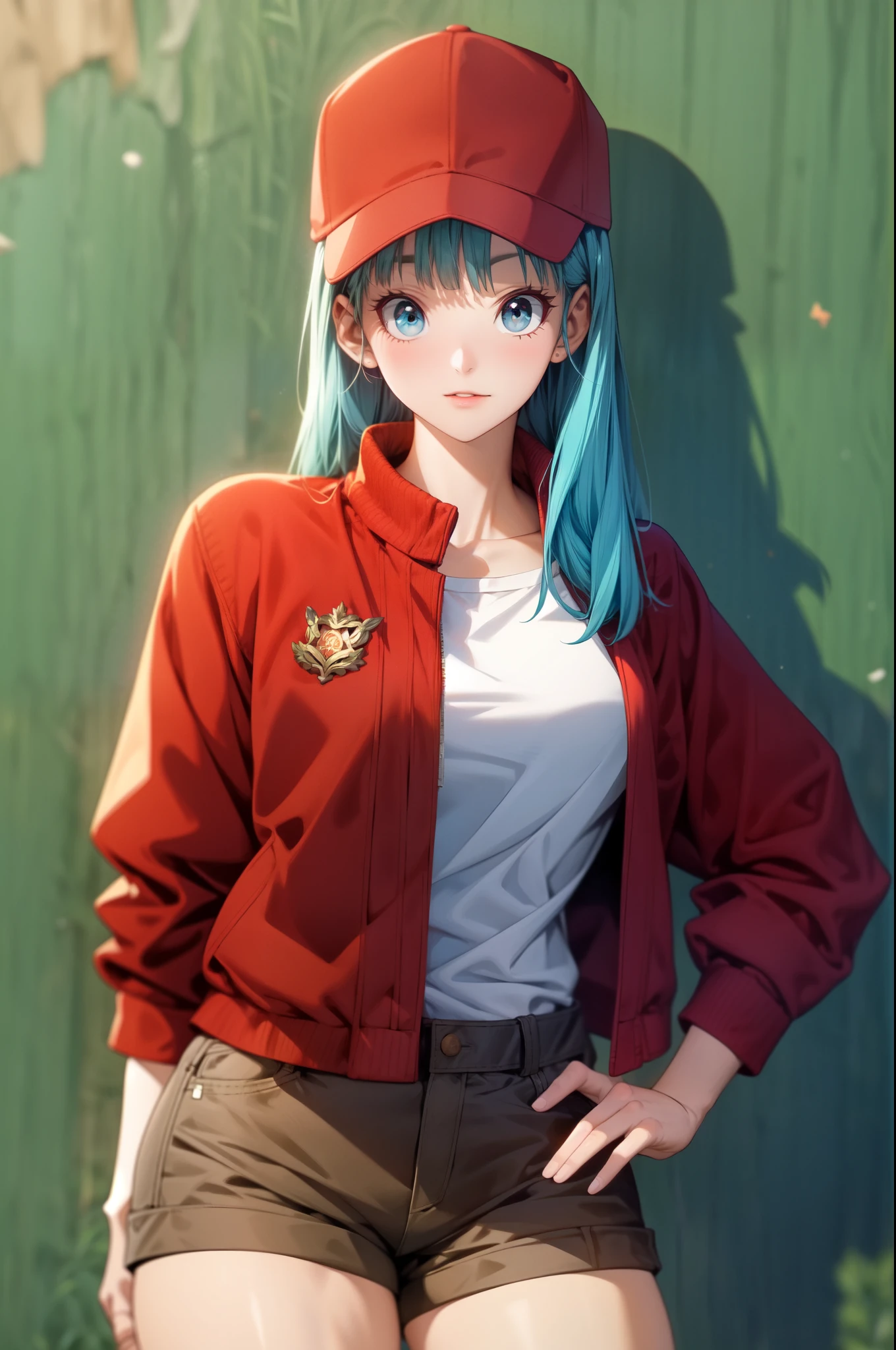 Dragon sphere, blmlong, bulma, water hair, cabelo longo, shorts, shorts marrons:1, boné de baseball, Red cap, Red Hat, jaqueta vermelha, jaqueta de couro, camisa branca:1.2, tiro de vaqueiro, olhos perfeitos:1.2, olhos detalhados:1.6, CG 8K ultrarrealista, Obra de arte, ((fundo ultra-detalhado, delicate pattern, detalhes intrincados)), melhor qualidade, detalhes intrincados, 1 garota, Sozinho, (Obra de arte:1.6, melhor qualidade)