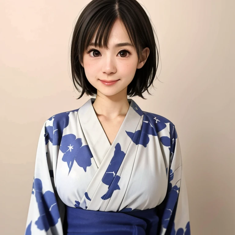 (kawaii 24 year-old Japanese girl, Nogizaka idol, Korean idol), glossy brown hair, (very short hair:1.2), beautiful black eyes, rounded face, narrow shoulders, single eyelid, (no makeup:1.2), big laughing, (yukata, Japanese traditional clothes), extra small breasts, BREAK, (simple white background:1.2), (view from forward, bust shot, id photo:1.2), BREAK, (masterpiece, best quality, photo realistic, official art:1.4), (UHD, 8K quality wallpaper, high resolution, raw photo, golden ratio:1.3), (shiny skin), professional lighting, physically based rendering, award winning, (highly detailed skin texture, extremely detailed face and eyes textures), Carl Zeiss 85 mm F/1.4, depth of field, (1girl, solo),