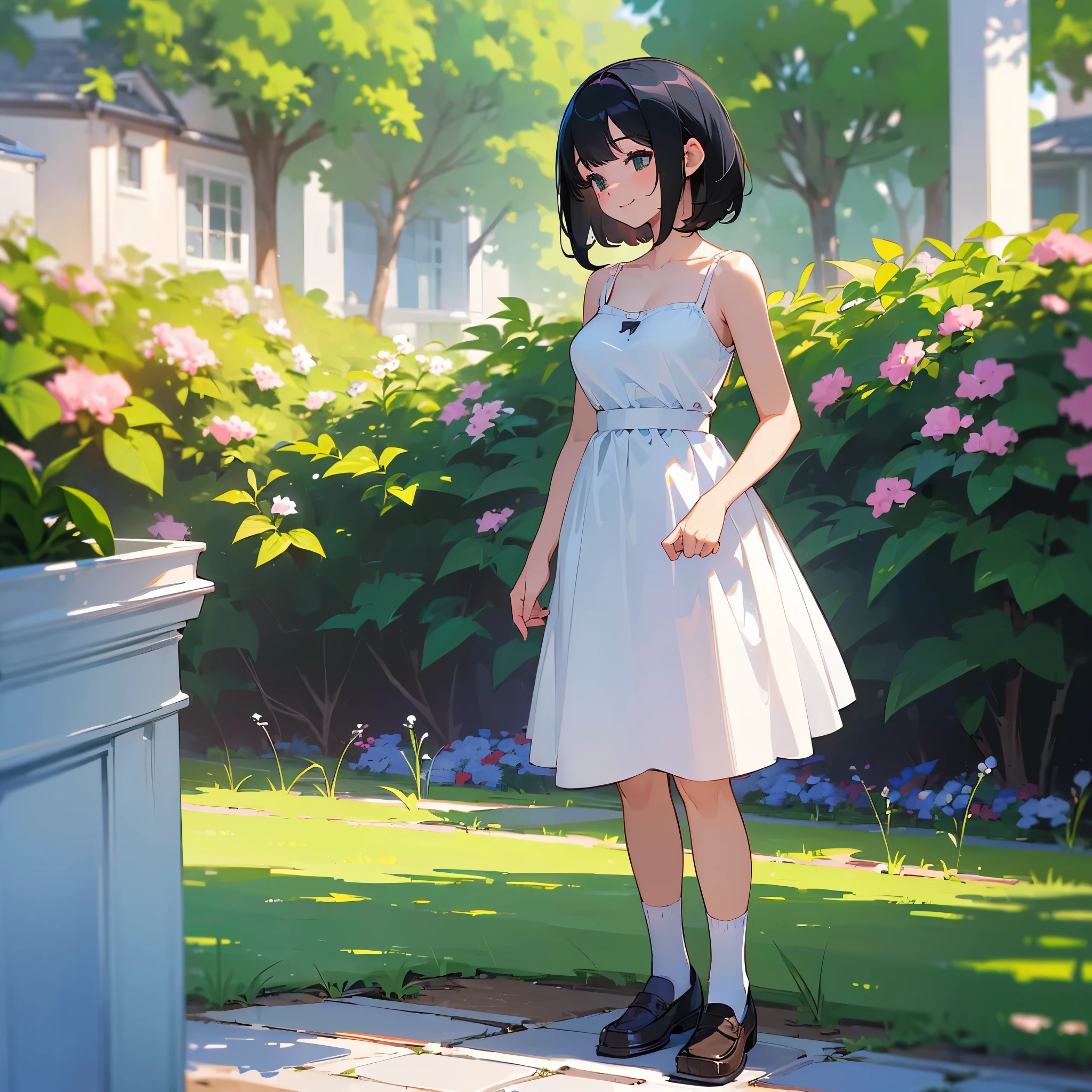 (high quality, High resolution, Very detailed, reality:1.37), Peaceful atmosphere, (Outdoor, garden), Teenage girl standing alone, (my breasts are big.), Beautiful details, Cute Smile, (Black bob hair), White camisole dress, White socks, loafers.