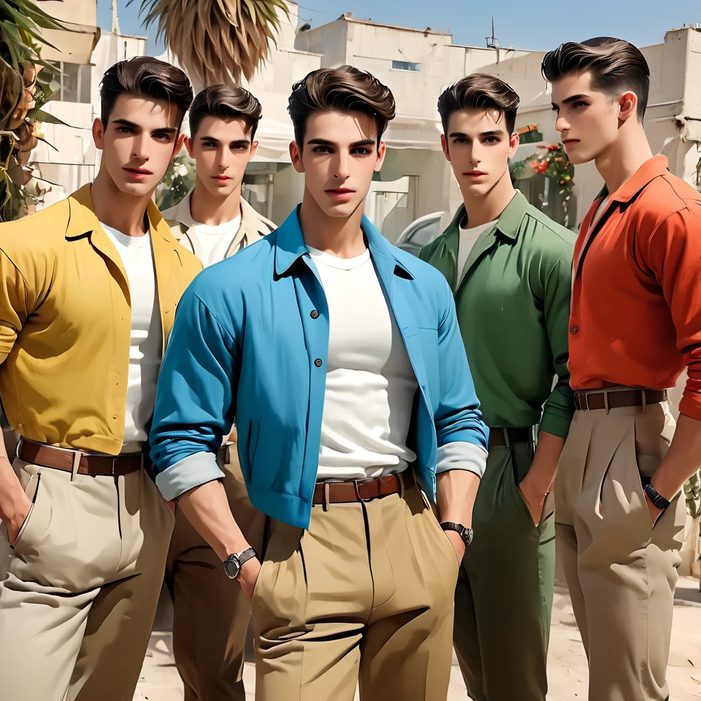 1950S Israel very attractive  Israeli young men more muscular stronger looking masculine Israeli males and very feminine  female less muscularwomen/Sabras in HD High Res look and feel kinda anime feel retro vintage 1950s aesthetic,having Khakis-tans-redbrowns-vivid reds-yellows-oranges-olive-blues of all shades and kinda colorings greens some polka dot and dot patterns and styles some greenery a Israeli/mediterranean vibe and feel very Israel mediterranean backgrounds cities towns kibbutzs