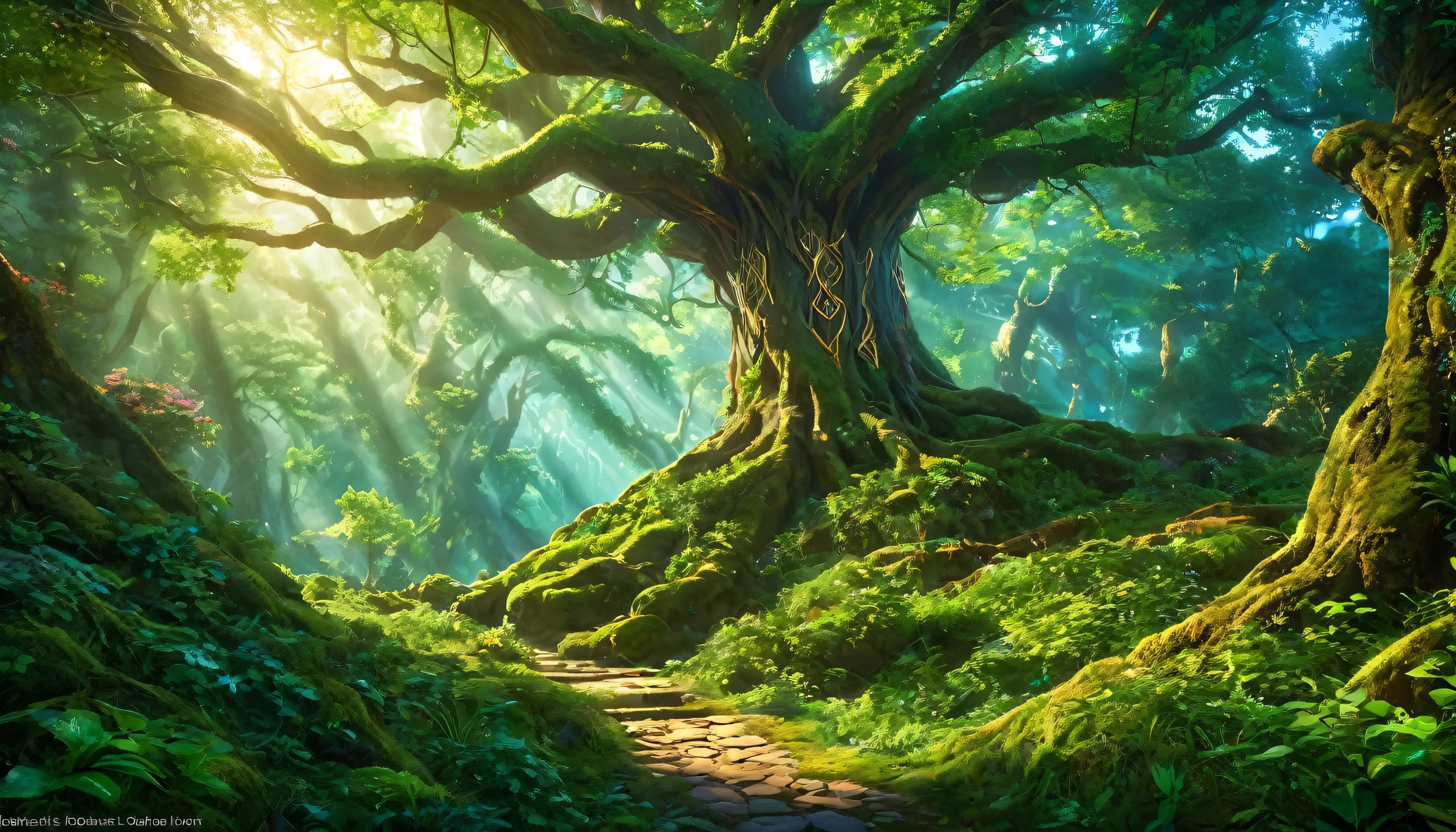 (anime, fantasy), (best quality, high resolution, depth of filed, HDR:1.2), (A majestic ancient elven forest, dense ancient tree, dense lush foliage, unique vegetation), fantastical landscapes, vibrant colors, majestic, enchanted, elven runes, magical atmosphere, beautiful, extremely detailed, intricate, delicate, serene fantasy, light filtering through the trees, bokeh, cinematic lighting, 8k, high quality