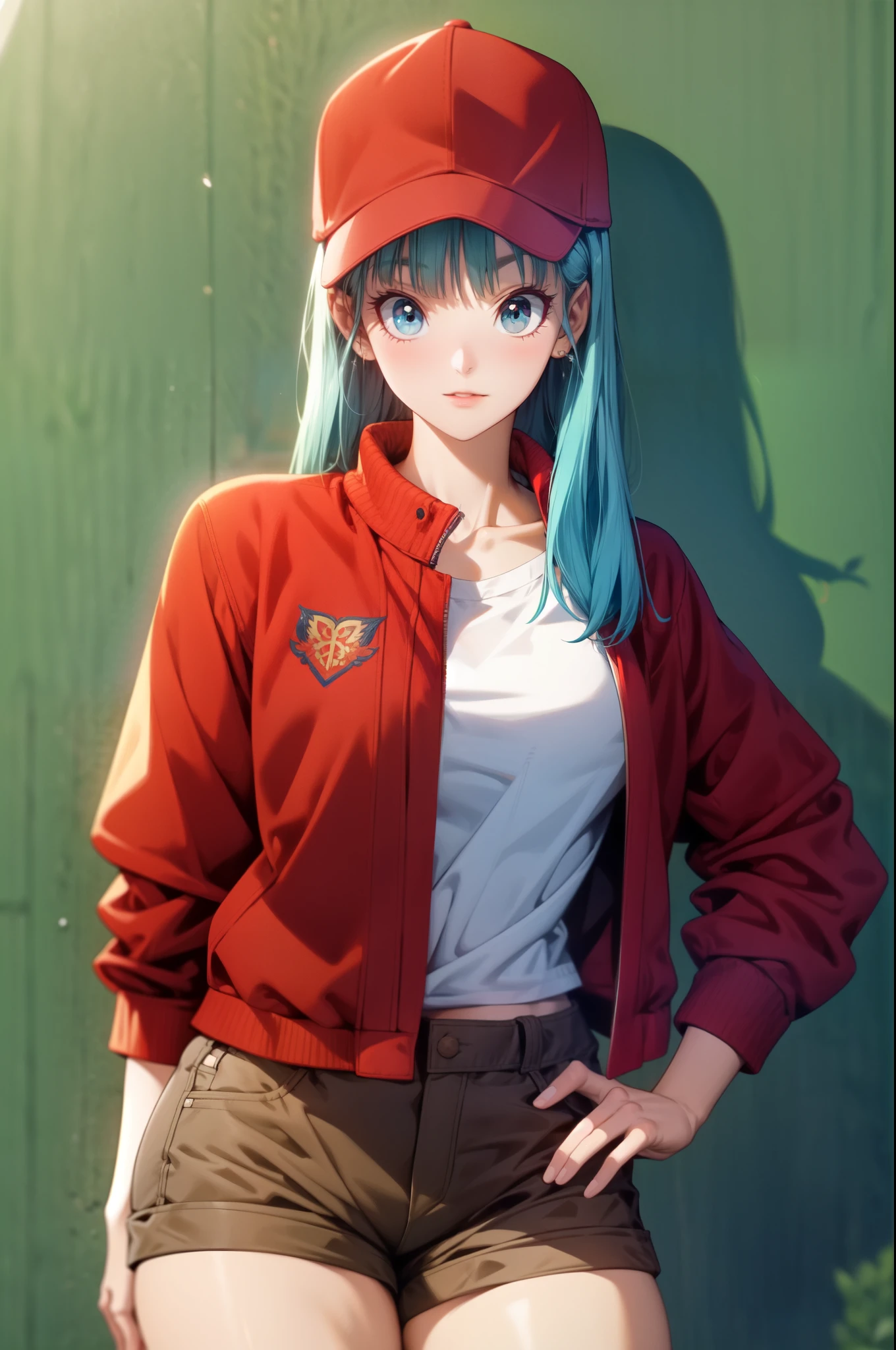 Dragon sphere, blmlong, bulma, water hair, cabelo longo, shorts, shorts marrons:1, boné de baseball, Red cap, Red Hat, jaqueta vermelha, jaqueta de couro, camisa branca:1.2, tiro de vaqueiro, olhos perfeitos:1.2, olhos detalhados:1.6, CG 8K ultrarrealista, Obra de arte, ((fundo ultra-detalhado, delicate pattern, detalhes intrincados)), melhor qualidade, detalhes intrincados, 1 garota, Sozinho, (Obra de arte:1.6, melhor qualidade)