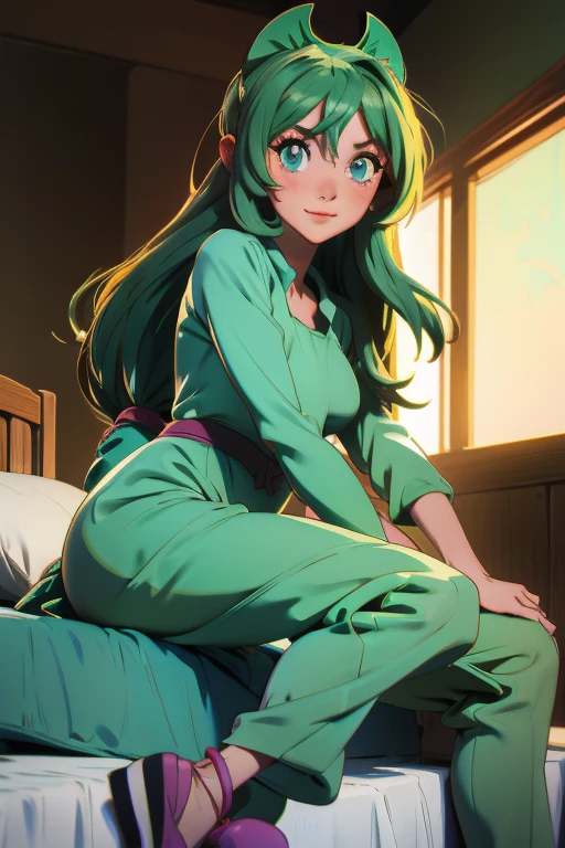 saria anime pelo verde botas traje bunny suit acostada en la cama