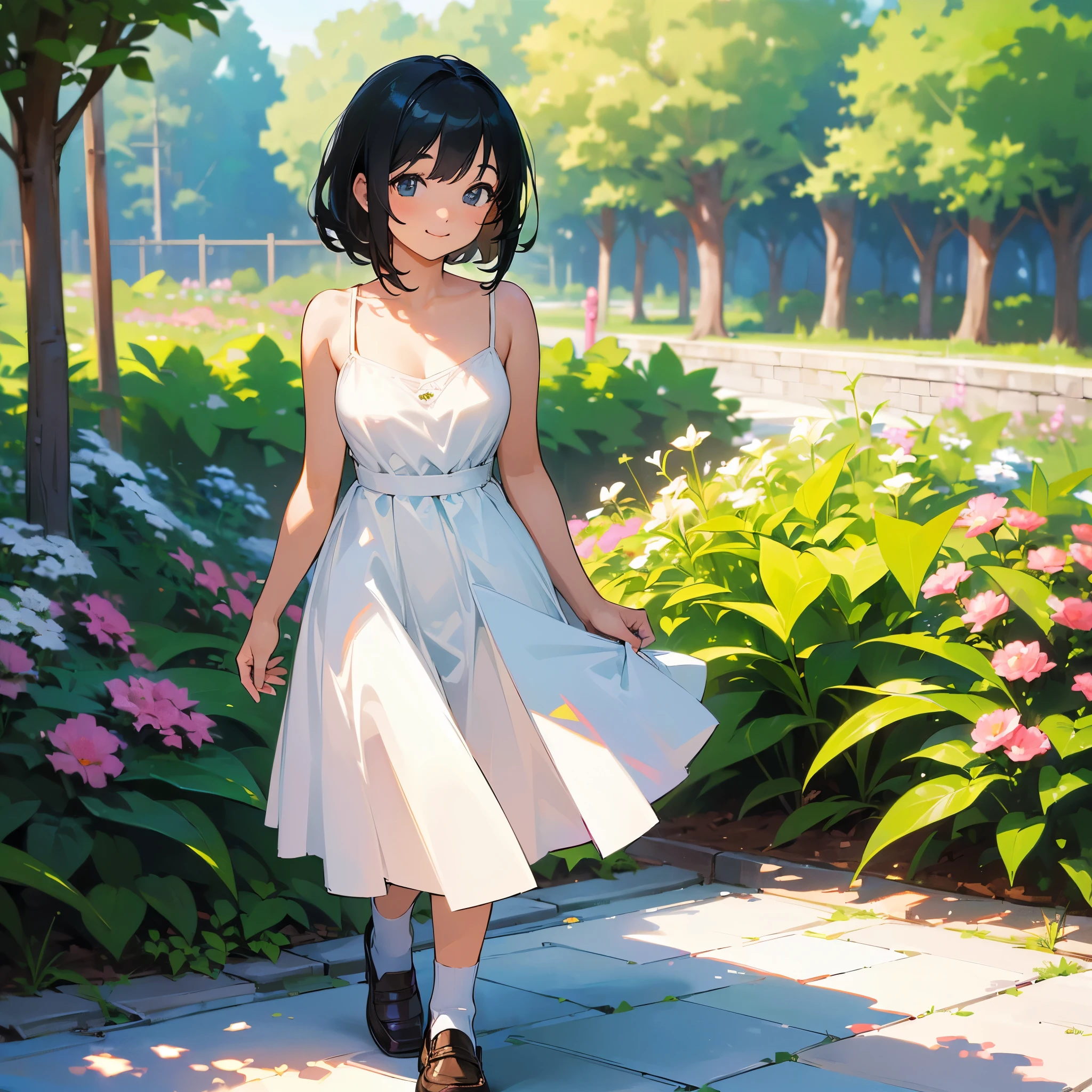 (high quality, High resolution, Very detailed, reality:1.37), Peaceful atmosphere, (Outdoor, garden), age girl standing alone, (my breasts are big.), Beautiful details, Cute Smile, (Black bob hair), White camisole dress, White socks, loafers.