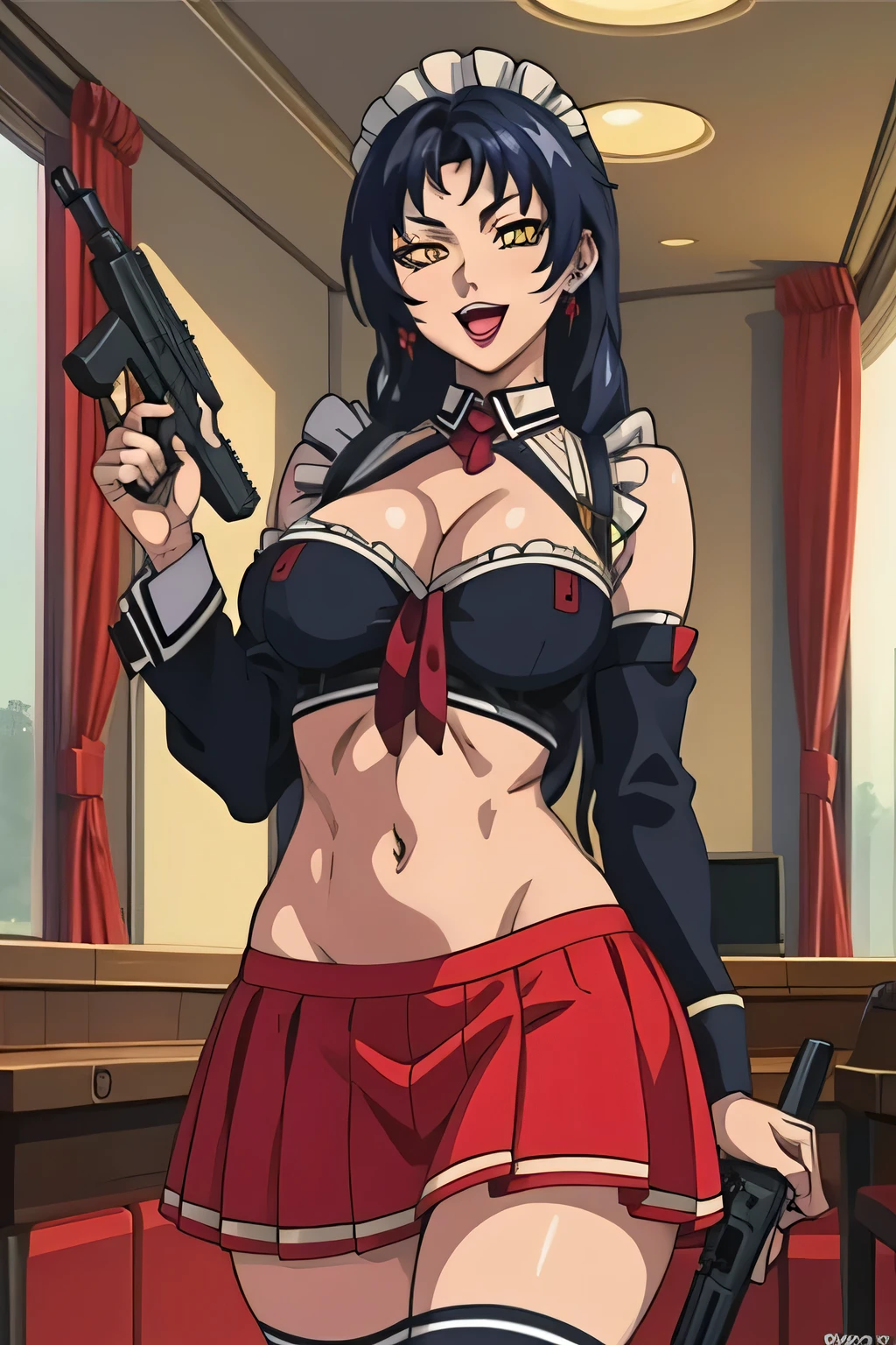 , digital art,
KozonoNami, 1girl, solo, standing,
smirk,
yellow eyes, long hair, black hair, zettai ryouiki,
curvy, large breasts, makeup, lipstick, red lipstick, jewelry, earrings, complex detailed background, casino environment, fancy interior environment, rich
interior, masterpiece, best quality, highly detailed, a anime girls in maid uniforms with a gun posing for a
picture, maid outfit, cleavage, evil smile, smile, open mouth ,ecchi anime style, anime girls, ecchi style,
ecchi, digital anime art!!, in anime style, official artwork, (nsfw) not safe for work, beautiful anime maid
girl, anime style 4 k, micro skirt, exposed belly, exposed navel, exposed midriff, exposed lower belly,
holding a gun