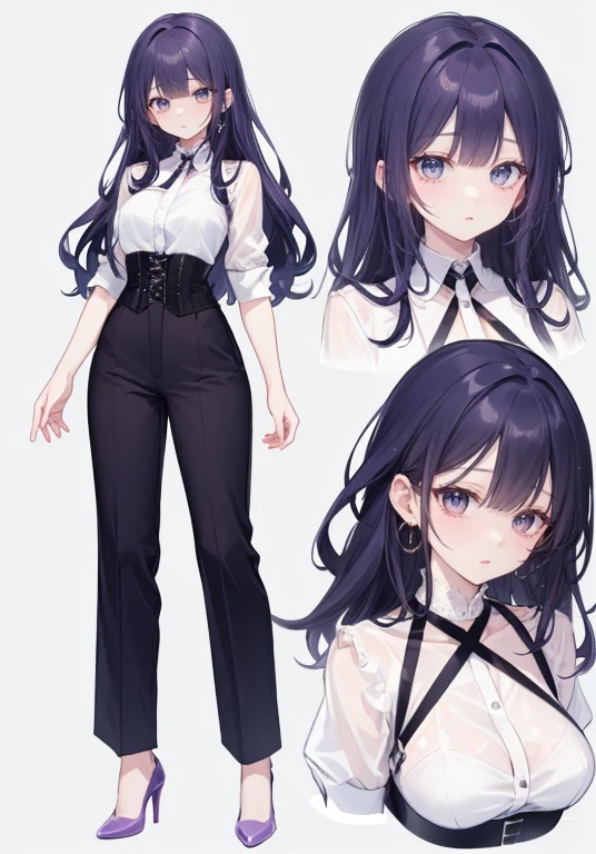 Purple hair,long hair,Adult female,((body harness)),A white see-through blouse,((Roll up your sleeves)),(Corset),(slacks),(high heels),The heel is visible,((Simple background)),Smile,((Full body)),((whole body)),Character Sheet,