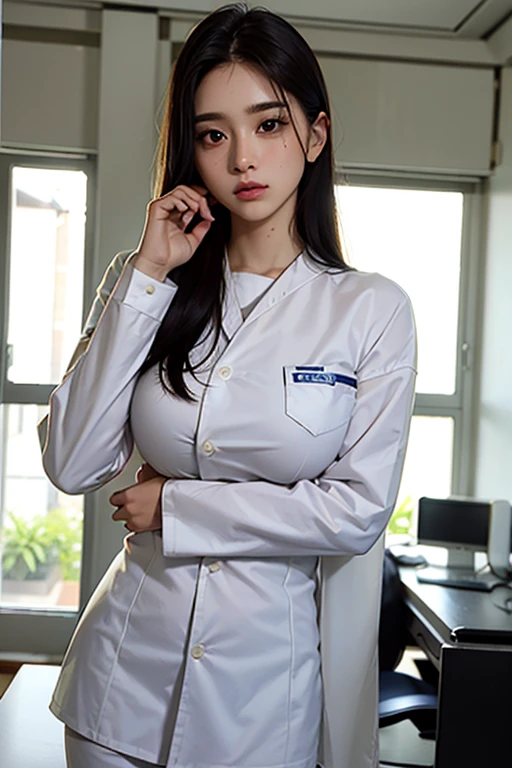 mulher, 24 anos, alta, cabelo vermelho, medica, apocalipse zumbi, corpo inteiro, usando um uniforme branco de medica